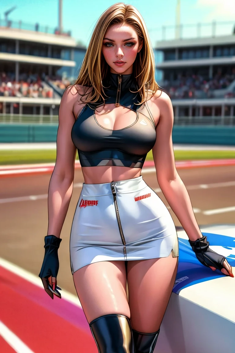 uma mulher de 20 anos、wet dress、large full breasts、Biomechanical OPPAI, opal proportions, shy smile、 Knee socks, adult  woman, (when in the sheaths:1.3), Long wavy hair、dark brown hair, a miniskirt, (shiny skins), eyes browns, Kamimei、Long wavy hair、puffies、Stockings、up skirt、Quadris puffies、Large earrings、a necklace、 (participate in a motorsport race)+, sexy hips、Kamimei、Chest opening、Chest Emphasis Pose、panties pink、Pink lace bra
