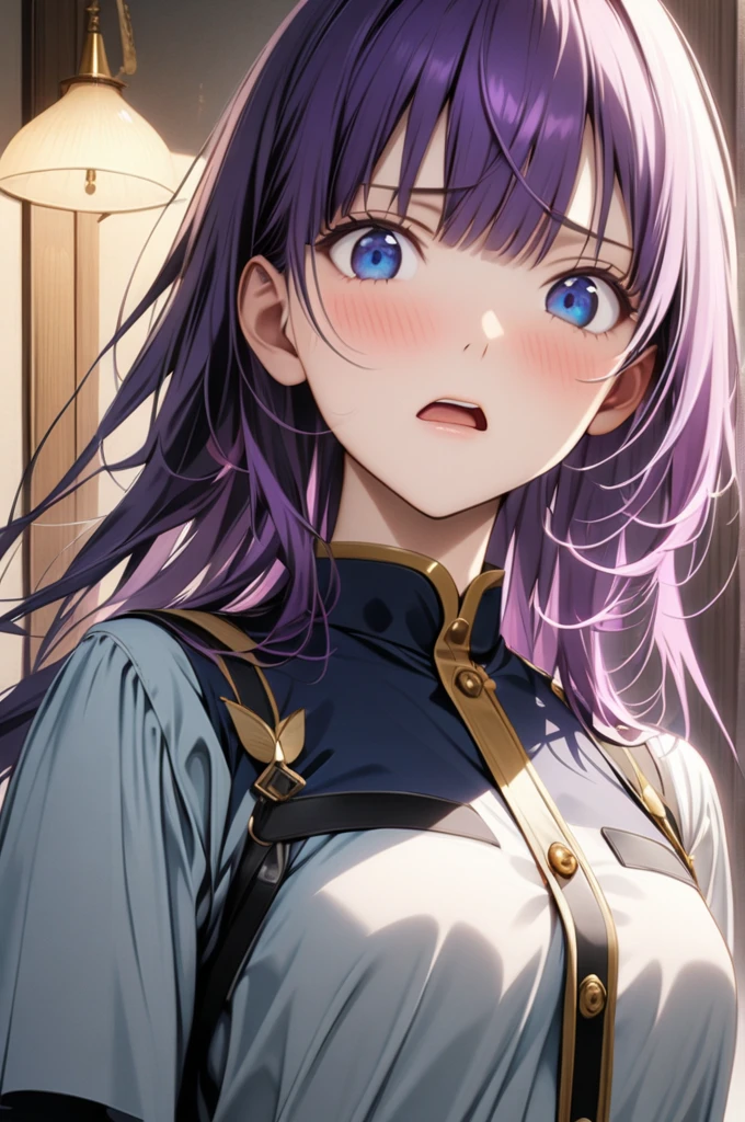 One girl, Long midnight purple hair, Golden light eyes, White school modern uniform, anime, ((Intense vaginal sex with a man:1.5)), NSFW