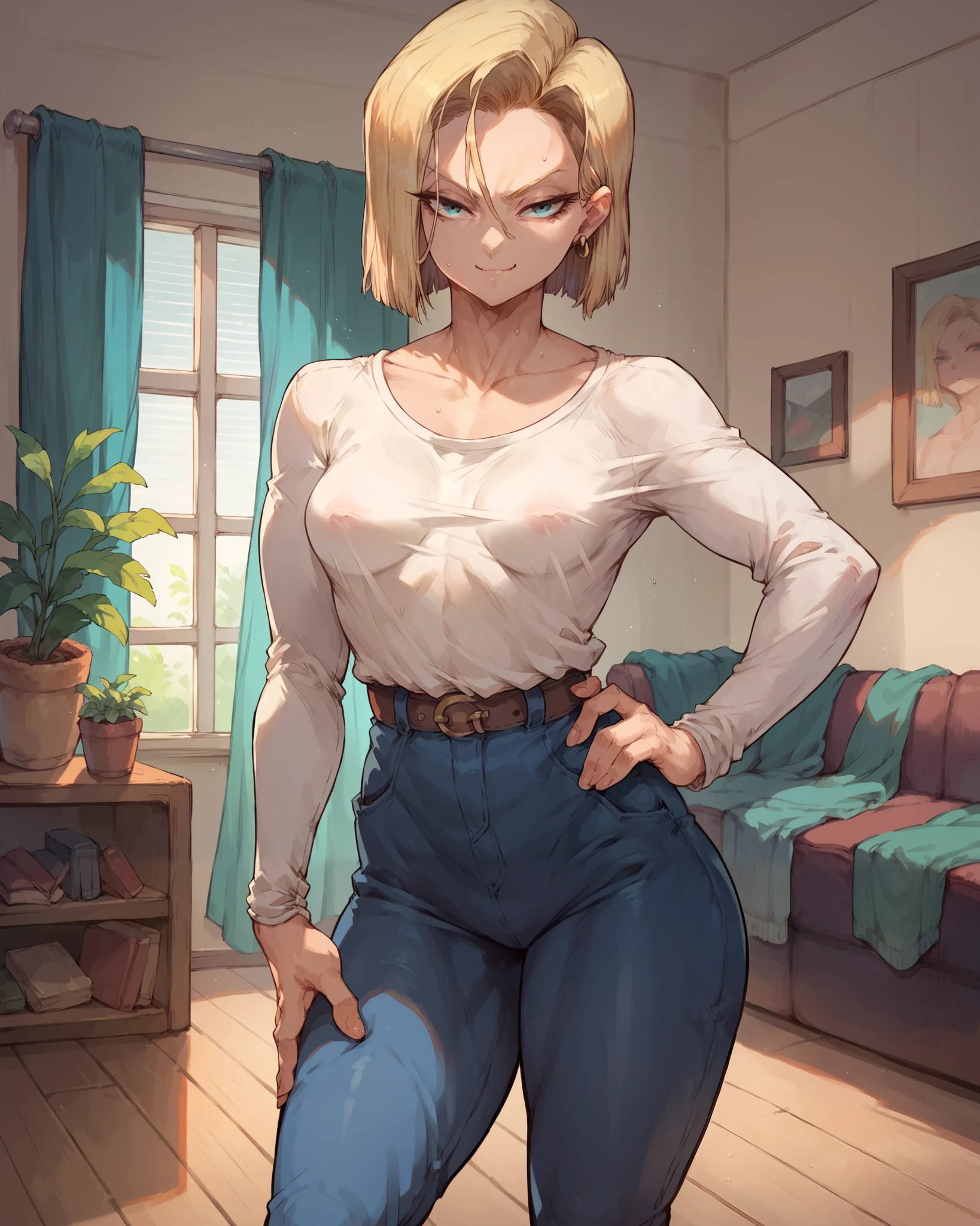 tall (very buff: 1.75) (thick build:1.5) (female) college student wearing a (tight white (long-sleeved:1.2) shirt) and (tight jeans) posing in her dormitory, (medium long blonde hair bob cut style:1.2) and ((pink:1.1) hairband:1.2),  (golden earrings:1.1), (expressive blue eyes),  (sweat drops:1.25), (seductive smile), (solo:1.25), (looking down at viewer)