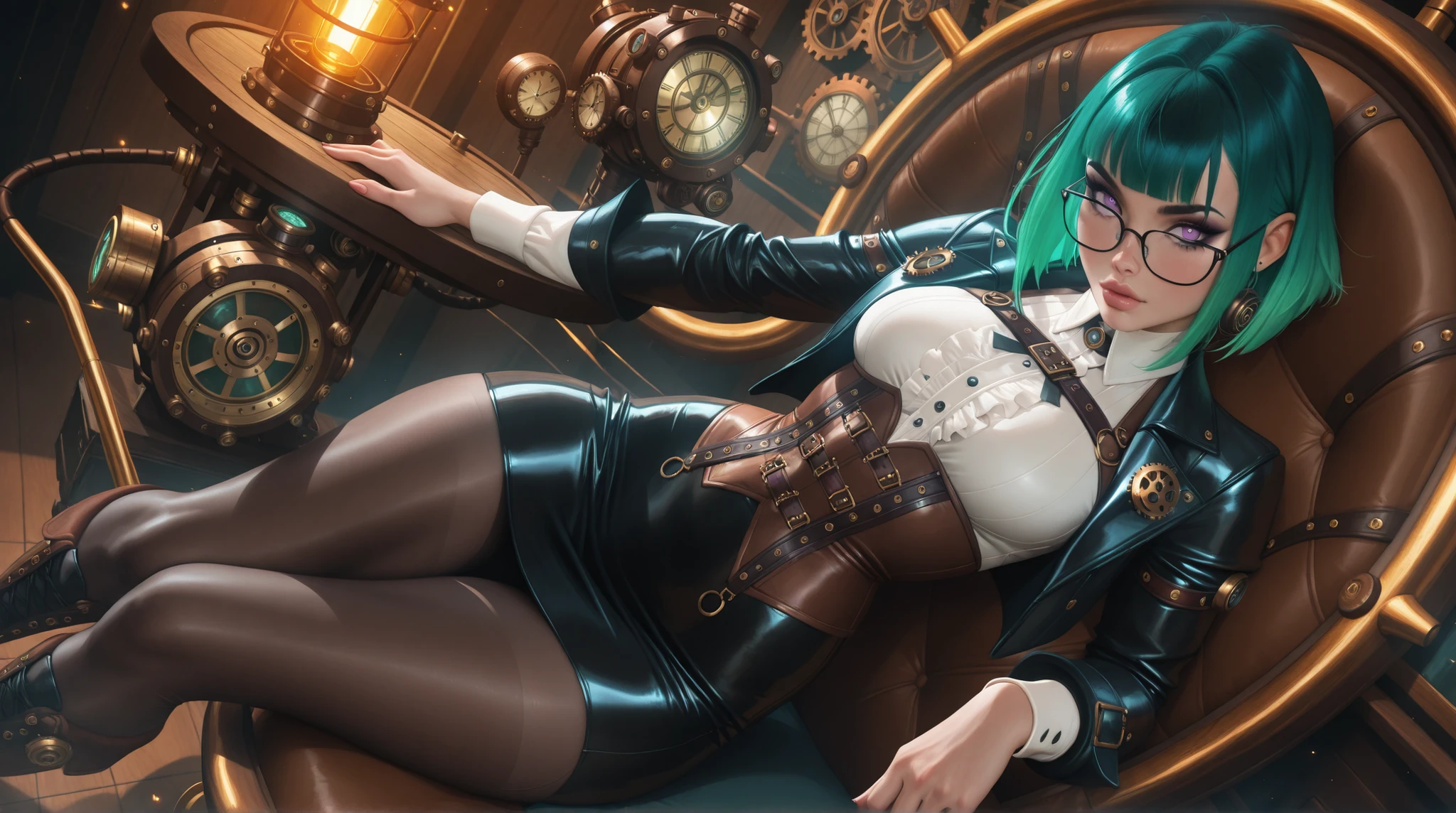 (TangoBat:0.7),(Sakimichan:0.7), Anime style illustration, female with glasses, steampunk style, short green hair, pretty detailed purple eyes, corset, tight skirt, neo-goth elements mixed with steampunk style, science-core, kawaii-core, makeup, intricate details, upper dynamic angle , masterpiece, best quality,absurdres