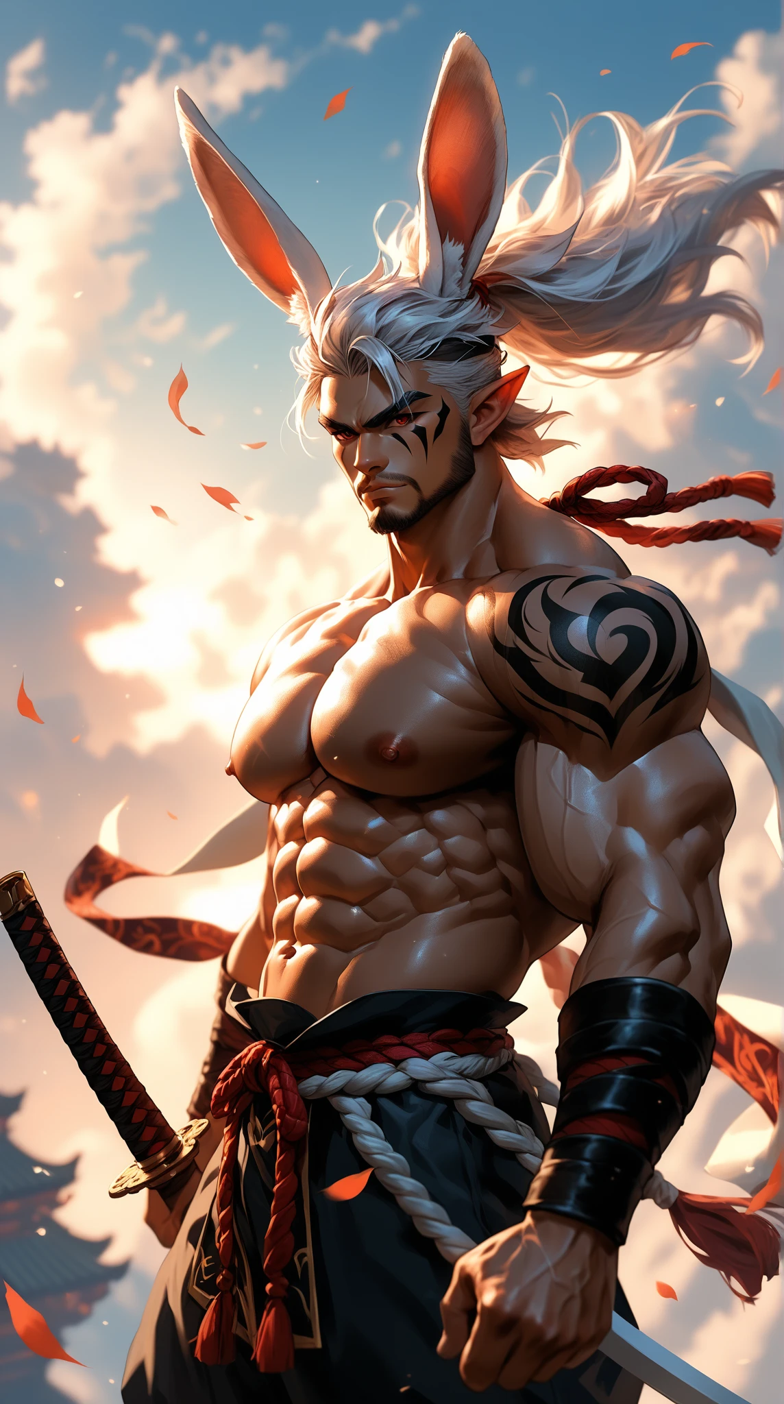 A highly detailed manga-style illustration of a very muscular man. He has medium-length white hair and large red horns on his head. On his right pectoral and right arm, there is a dragon tattoo with purple steam emanating from the arm. He is surrounded by mountains and forests. He is wearing samurai-style pants with a rope belt and thigh-high boots. His eyes are a bright green, and he is surrounded by a dark aura