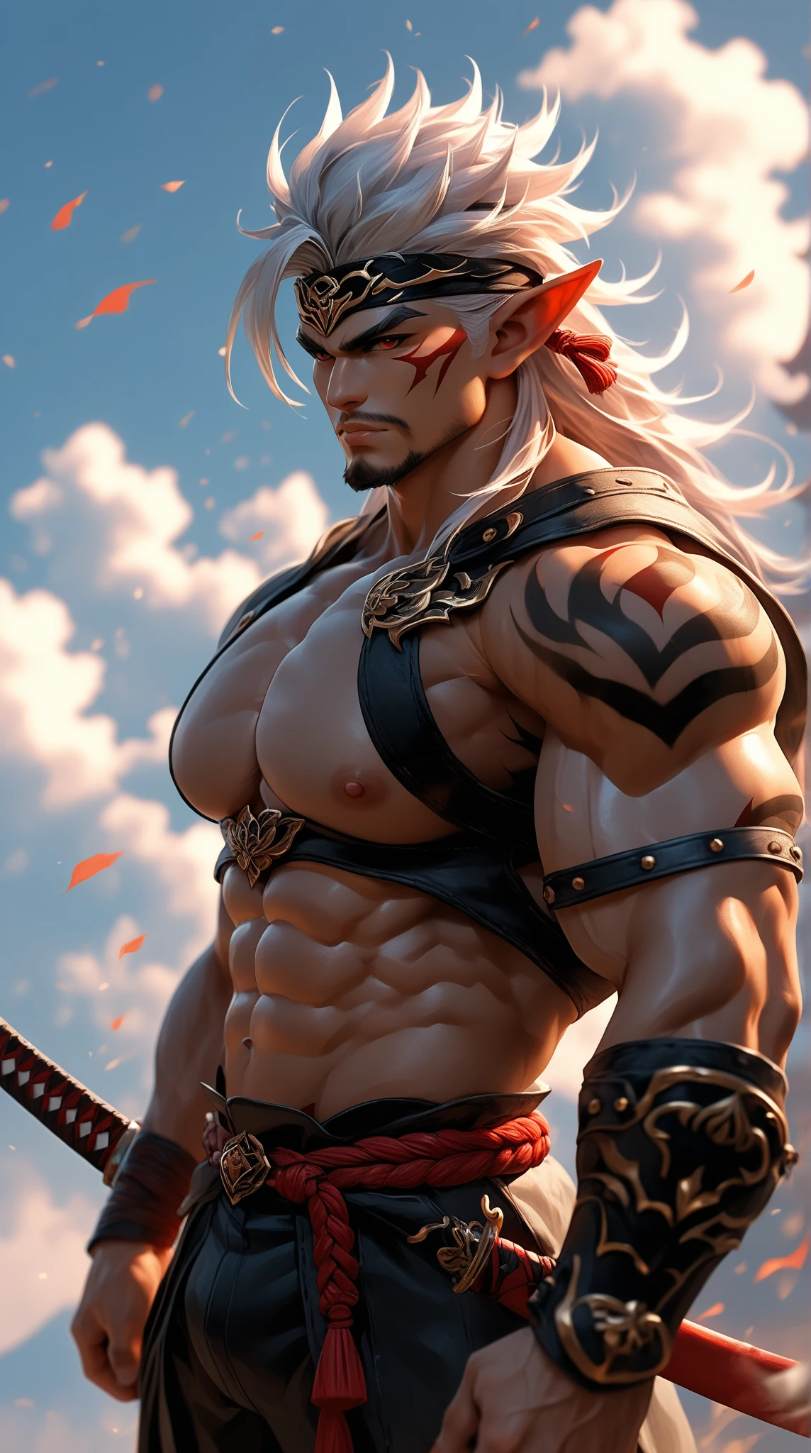 8k, masterpiece, best quality, realistic, higly detailed, cowboy shot, 1boy, solo, Terano South, tall muscular individual, slight foreign features, blond hair kept in a bun, piercing yellow round eyes, wide prominent grin, Brazilian tribal tattoo on the rightmost side of his chest that extended up to his neck, intimidatory, monk