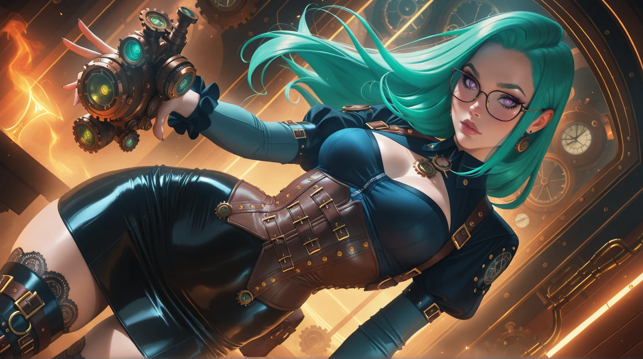 (TangoBat:0.7),(Sakimichan:0.7), Anime style illustration, female with glasses, steampunk style, short green hair, pretty detailed purple eyes, corset, tight skirt, neo-goth elements mixed with steampunk style, science-core, kawaii-core, makeup, intricate details, upper dynamic angle , masterpiece, best quality,absurdres
