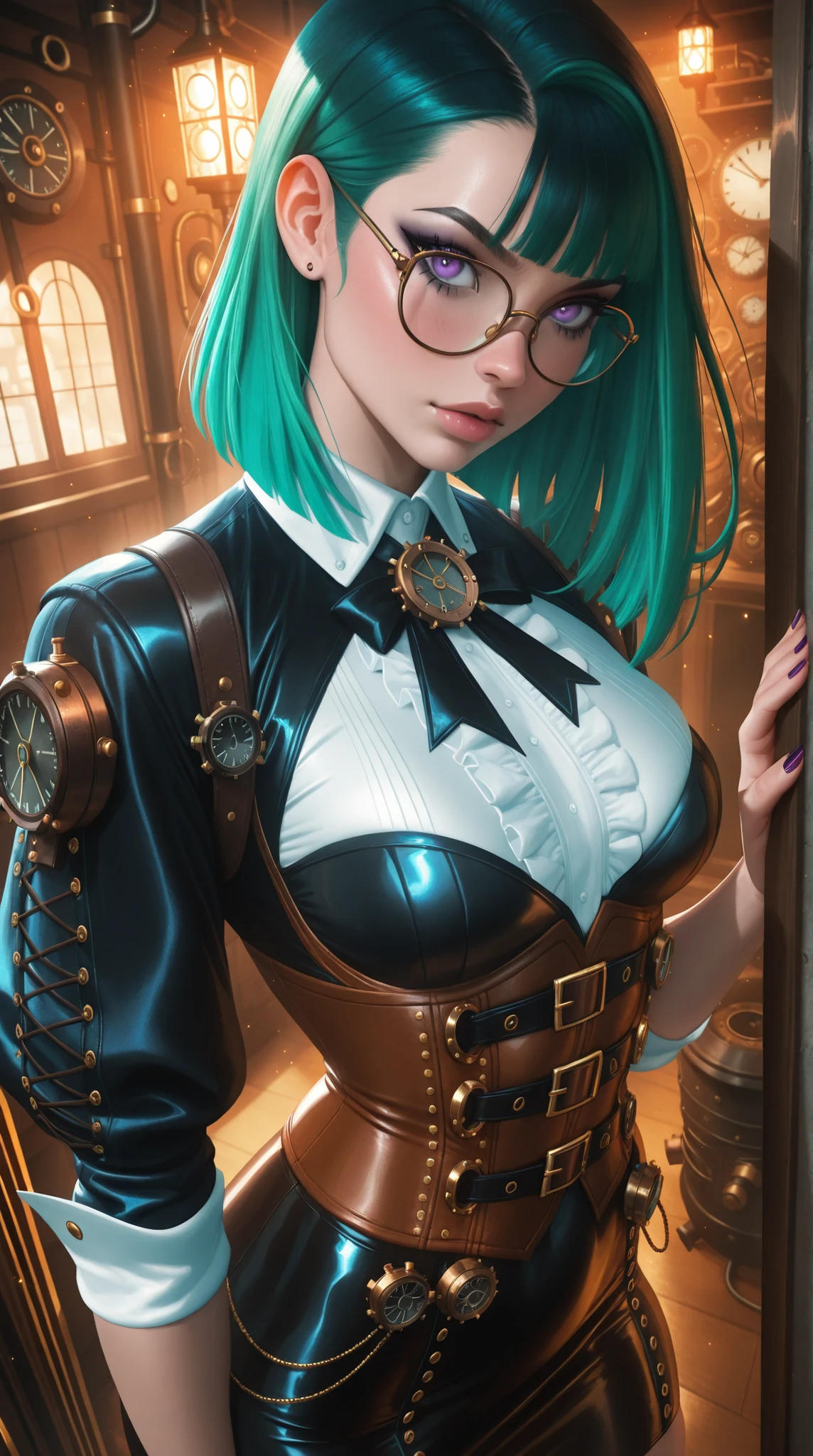 (TangoBat:0.7),(Sakimichan:0.7), Anime style illustration, female with glasses, steampunk style, short green hair, pretty detailed purple eyes, corset, tight skirt, neo-goth elements mixed with steampunk style, science-core, kawaii-core, makeup, intricate details, upper dynamic angle , masterpiece, best quality,absurdres