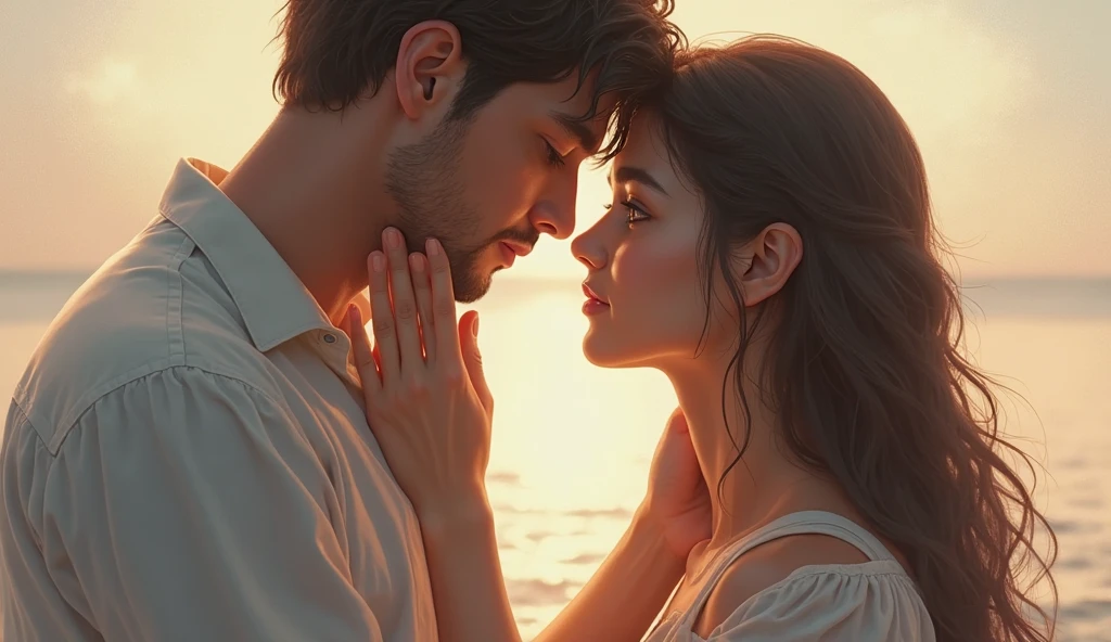 A deep emotional scene depicting a man and a woman standing close, almost touching but with a sense of distance. The man looks intensely at the woman, his expression filled with longing and vulnerability, while the woman gazes back with a mix of sadness and uncertainty. The background is softly blurred, focusing entirely on the intense emotions between them. The colors are warm and soft, highlighting the depth of their feelings. The overall mood should capture the essence of missed connection and unspoken words.