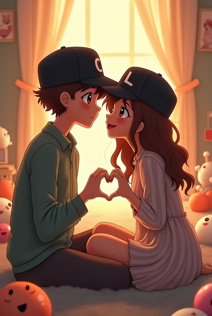 Photographs with the initials on his black cap C for man and L for woman, as a couple in love, with anime cartoons The couple is sitting and they are forming a heart with their hands , homem de cabelo enrolado cor castanho, morena parda