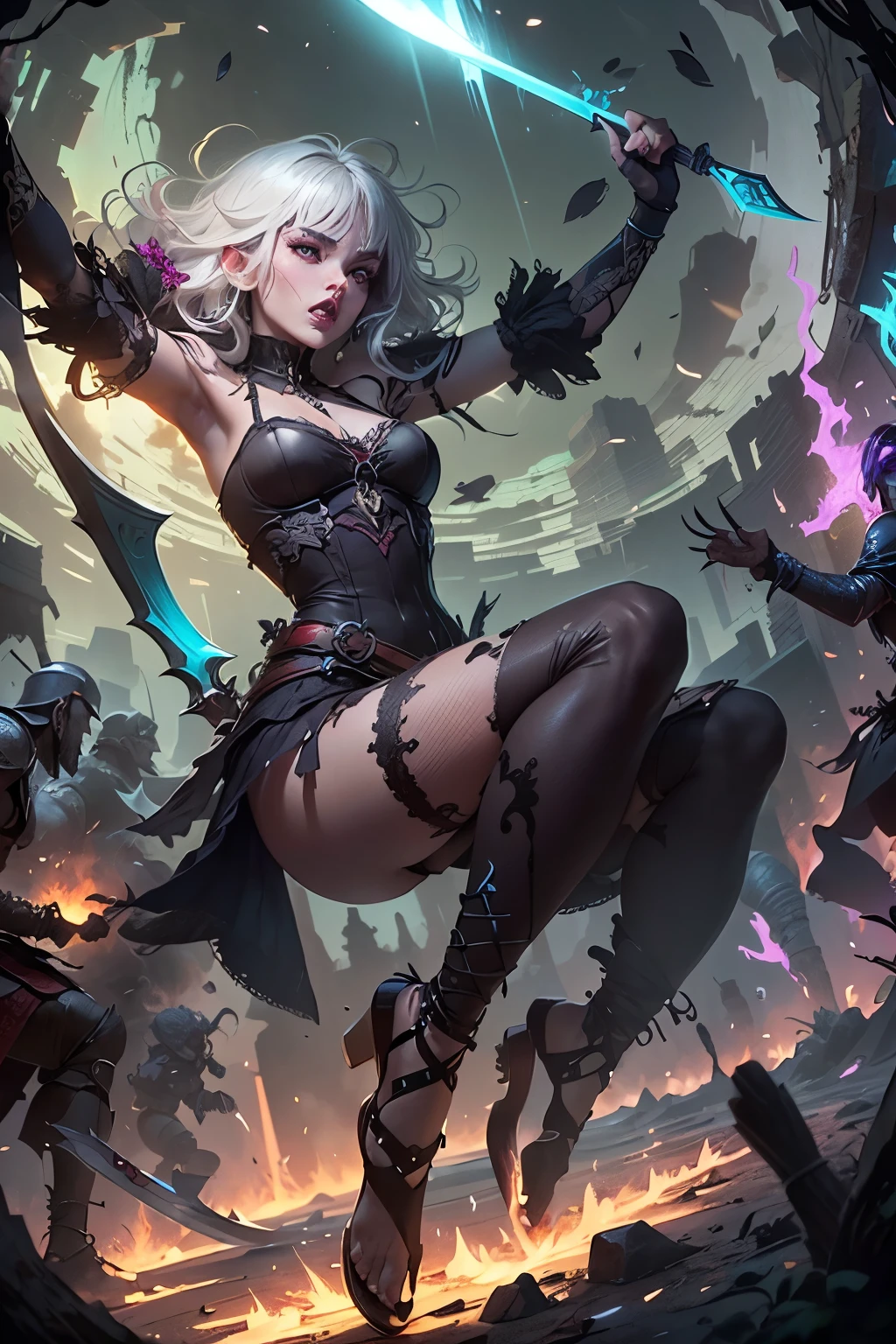 (Ultra-detailed face, Looking away, Gothic Illustration, Dark tone colors.), BREAK
(An ancient fortified city like Angkor Wat in medieval Asia. Scenes of battle with orcs on the battlefield. Fantastic. Mysterious.), BREAK
(A young female dark elf swordsman screams and roars, twisting her body in a daring pose, slashing orcs from the bottom up with a slender, slightly warped sword in her hand. The orcs are trying to swing down at her with large bush knives. The woman is depicted from a viewpoint looking down on her from above.), BREAK
(She has white hair and white eyebrows, crisp bangs, shoulder-length messy, wavy hair, small pink lips, lavender eyes, dark purple skin, and eyeliner.), (She wears an Asian-inspired lace-up dress sewn from a crimson lace fabric with cherry blossom embroidery. She wears sandals woven with thin strings of dark green soft leather.)