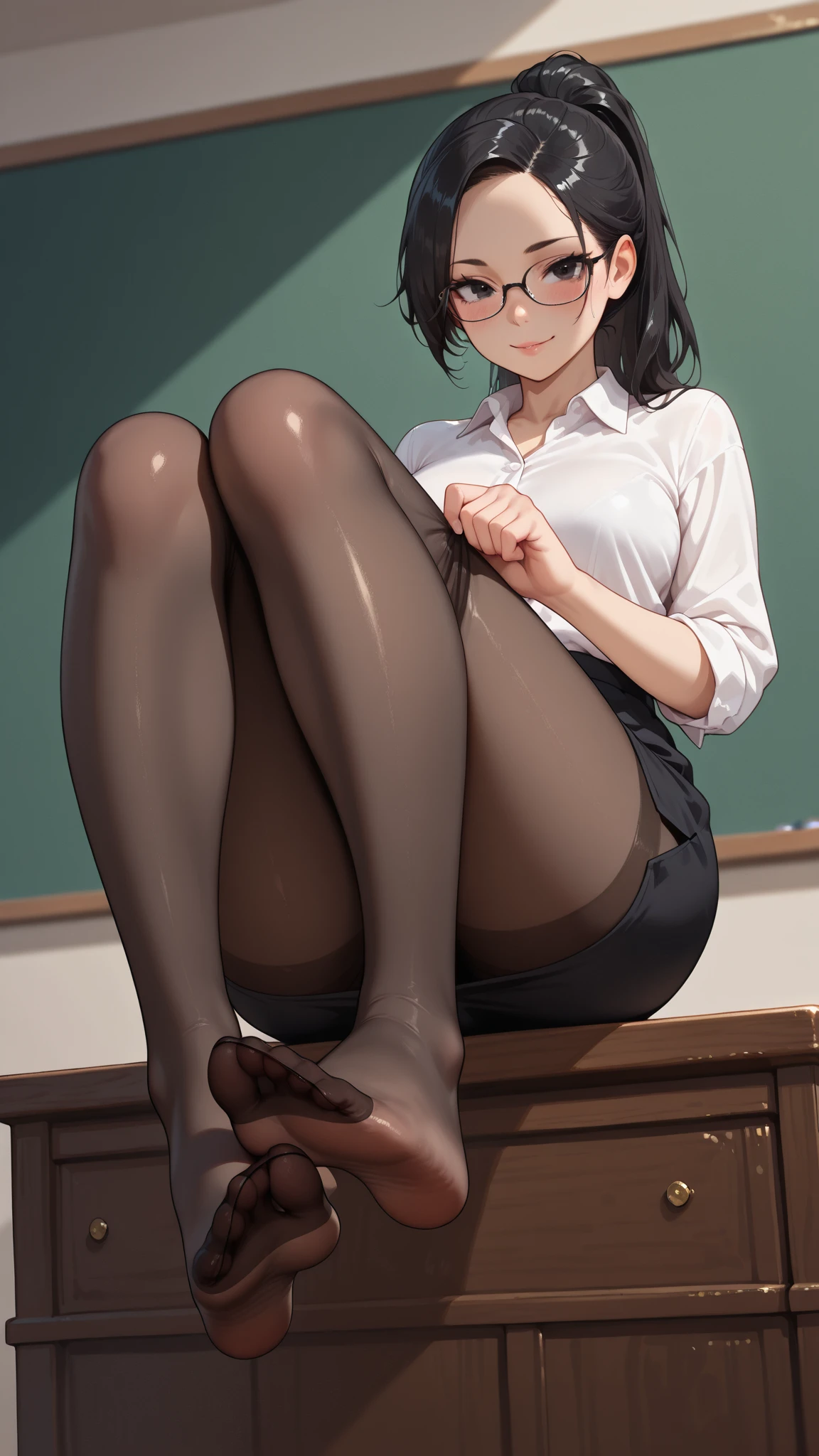 ((最high quality)), ((masterpiece)), (be familiar with) Perfect Face mature beautiful japanese woman、Sitting in a chair, ,whole body,Crossing your legs, View your viewers,Staring sadly,High resolution,high quality, masterpiece ,Black Suit、Black tight skirt, White shirt, Black jacket,Black high heels, Black Stockings , classroom, Give her permission to lick her heels,Pulling her paws up to the camera for licking,View from below,Look at her heels, Pointing at heel,Drag your leg towards the camera,Push your feet towards the camera, High heels close-up