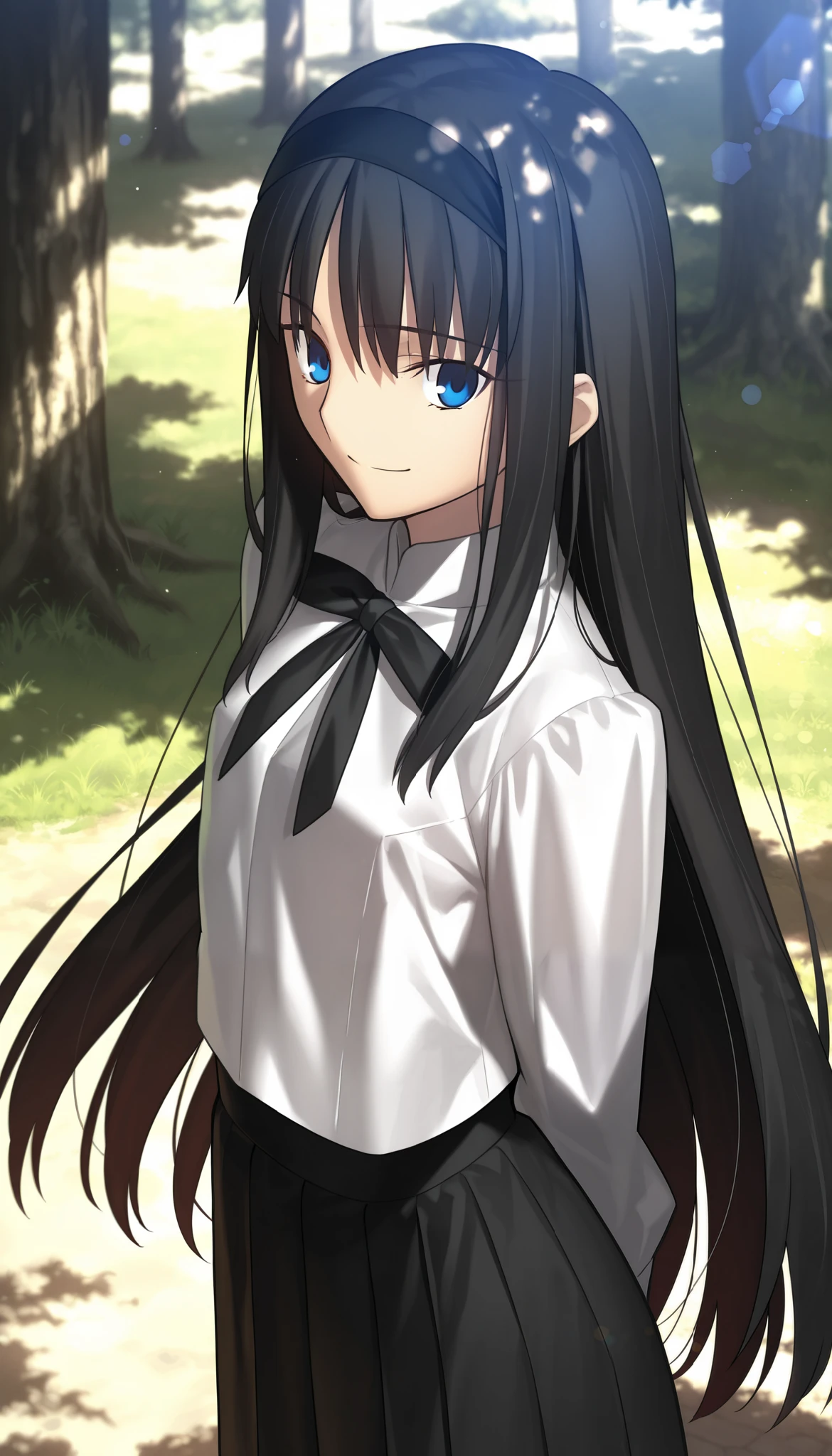masterpiece, , absurdres, highres, detailed background, high resolution, masterpiece, necessary, detail, best quality, quality, necessary, details, High details, Precise, dark, outdoors, dappled sunlight, day, lens flare, blurry background, from above, upper body, from back,
1girl, , Takeuchi Takashi (type-moon,tsukihime) style, takeuchi takashi style,
tall girl, mature, Akiha_Tohno, (tsukihime), black hair, bangs, long hair, blue eyes, upturned eyes, black headband, straight hair, tsurime, ,(arms behind back), smile,
(white shirt, black long skirt), nipple, black ribbon, small breast, flat chest, , looking at viewer, ,