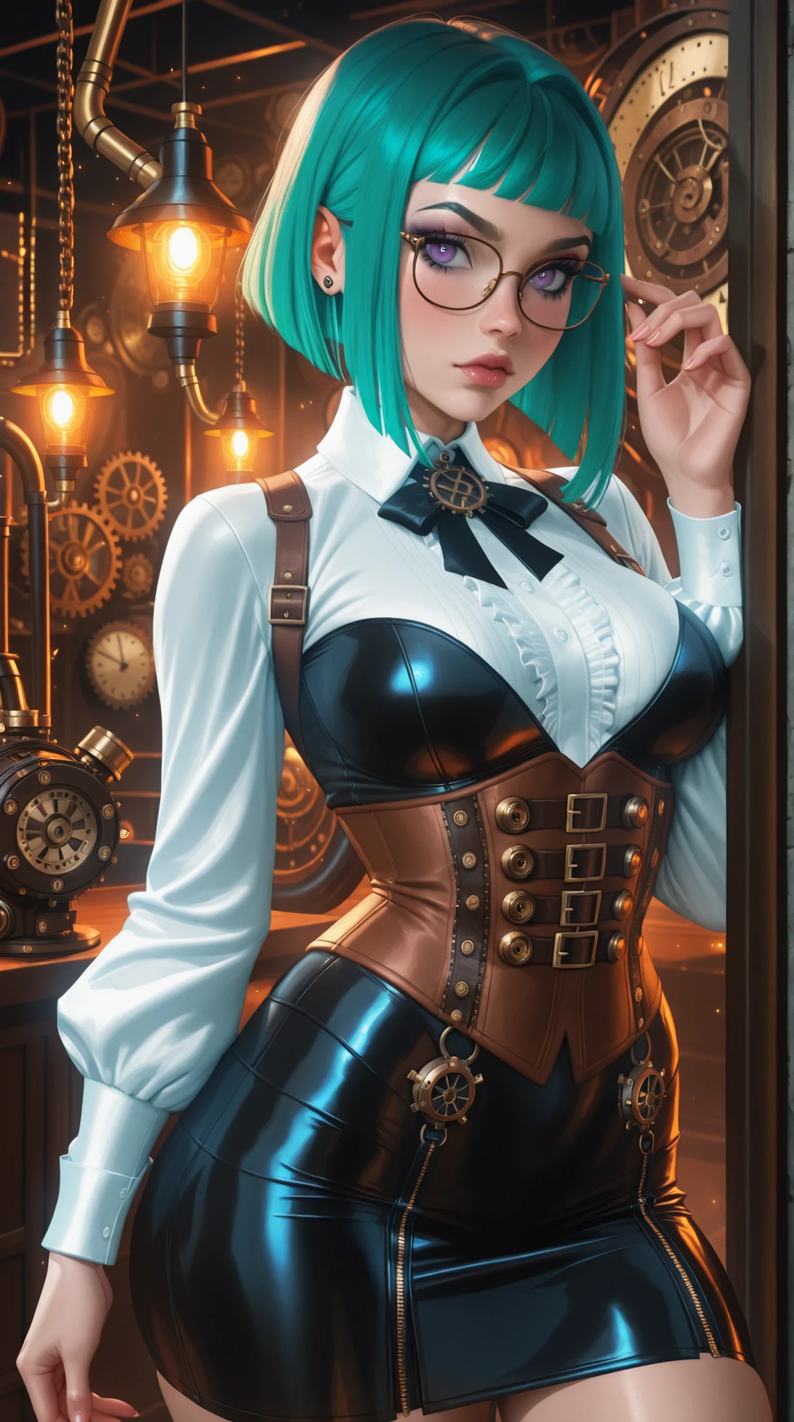 (TangoBat:0.7),(Sakimichan:0.7), Anime style illustration, female with glasses, steampunk style, short green hair, pretty detailed purple eyes, corset, tight skirt, neo-goth elements mixed with steampunk style, science-core, kawaii-core, makeup, intricate details, upper dynamic angle , masterpiece, best quality,absurdres