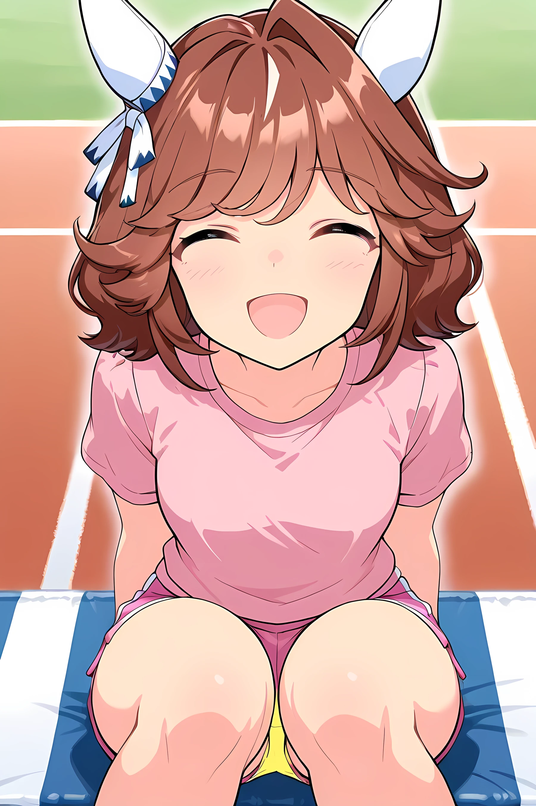 nsfw,haiseiko \(umamusume\),masterpiece,best quality,(((gym sitting))),(((Sit with your legs open))),((( standing on both knees))),((close-up image from the front)),((white micro mini dolphin shorts)),((yellow panties)),((Pink short sleeve shirt)),(cheek stick),(laughing),(close your eyes), on the lawn ,morning,((Upgraded image of the character from the front)),((smooth thighs)),1 girl, solo, anime style,cute girl,best quality, super detailed, anime style,8k, high definition, detailed images