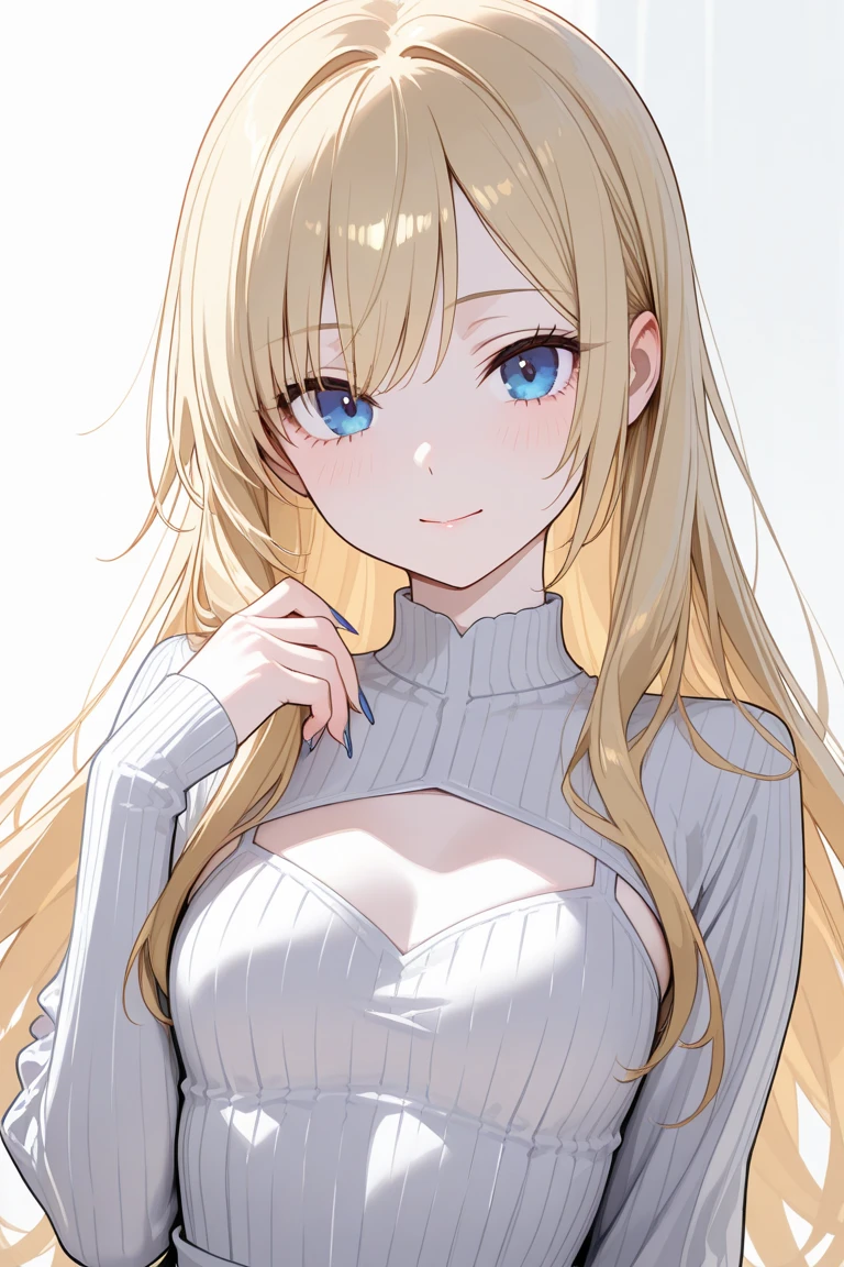 masterpiece, best quality, (1girl, solo, blonde, beige hair, very long hair, green eyes, small breasts, petite, curvy, nervous smile, cute), (turtleneck sweater, sleeveless sweater, backless), (close-up, upper body)