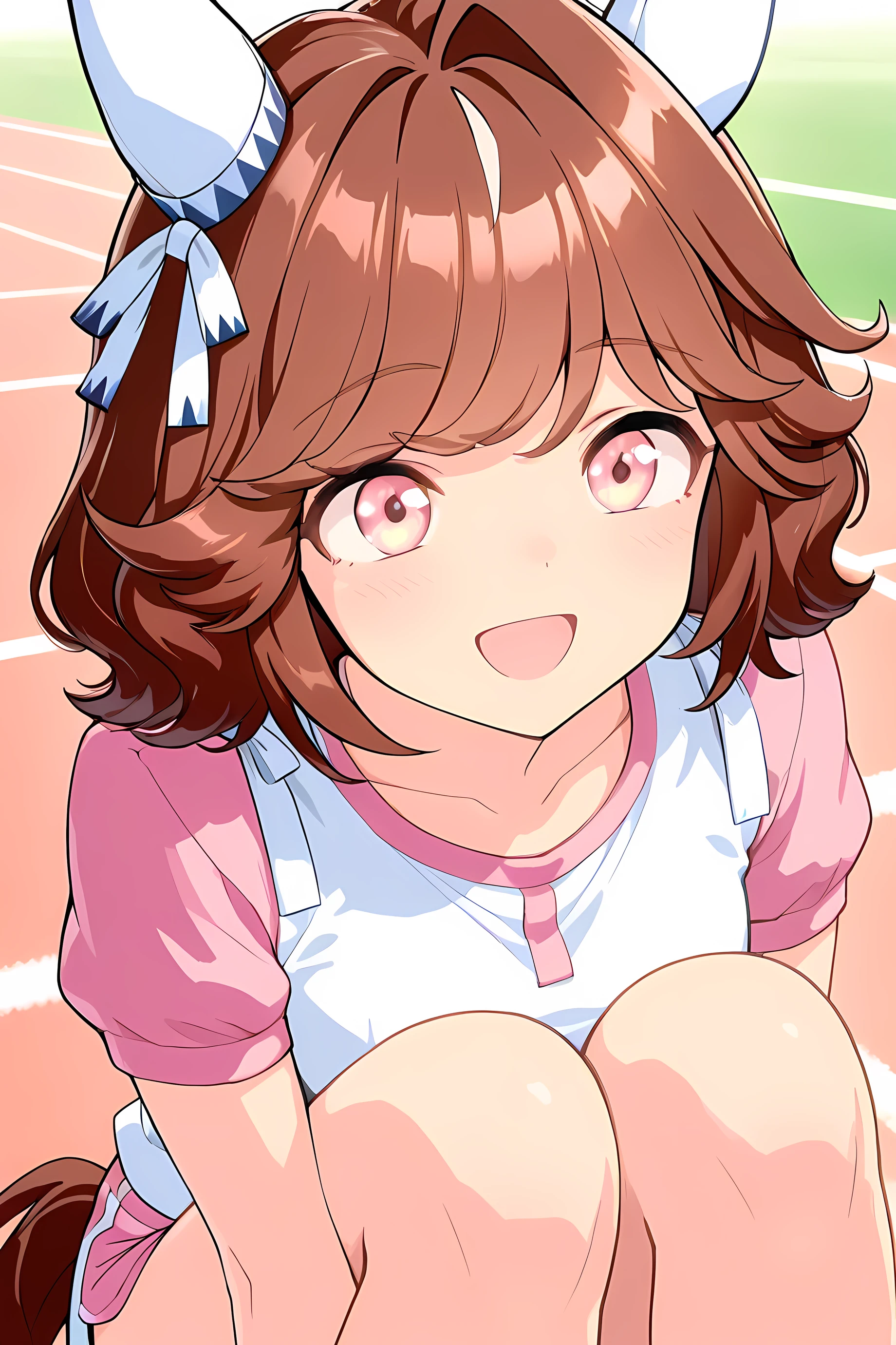 nsfw,haiseiko \(umamusume\),masterpiece,best quality,(((gym sitting))),(((Sit with your legs open))),((( standing on both knees))),((close-up image from the front)),((white micro mini dolphin shorts)),((yellow panties)),((Pink short sleeve shirt)),(cheek stick),(laughing),(close your eyes), on the lawn ,morning,((Upgraded image of the character from the front)),((smooth thighs)),1 girl, solo, anime style,cute girl,best quality, super detailed, anime style,8k, high definition, detailed images
