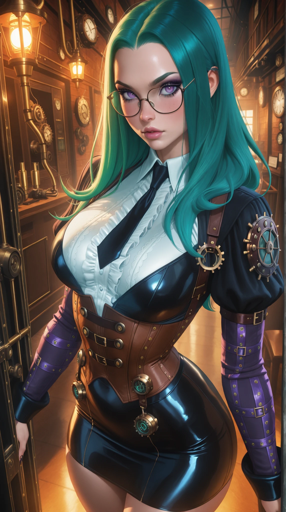 (TangoBat:0.7),(Sakimichan:0.7), Anime style illustration, female with glasses, steampunk style, short green hair, pretty detailed purple eyes, corset, tight skirt, neo-goth elements mixed with steampunk style, science-core, kawaii-core, makeup, intricate details, upper dynamic angle , masterpiece, best quality,absurdres