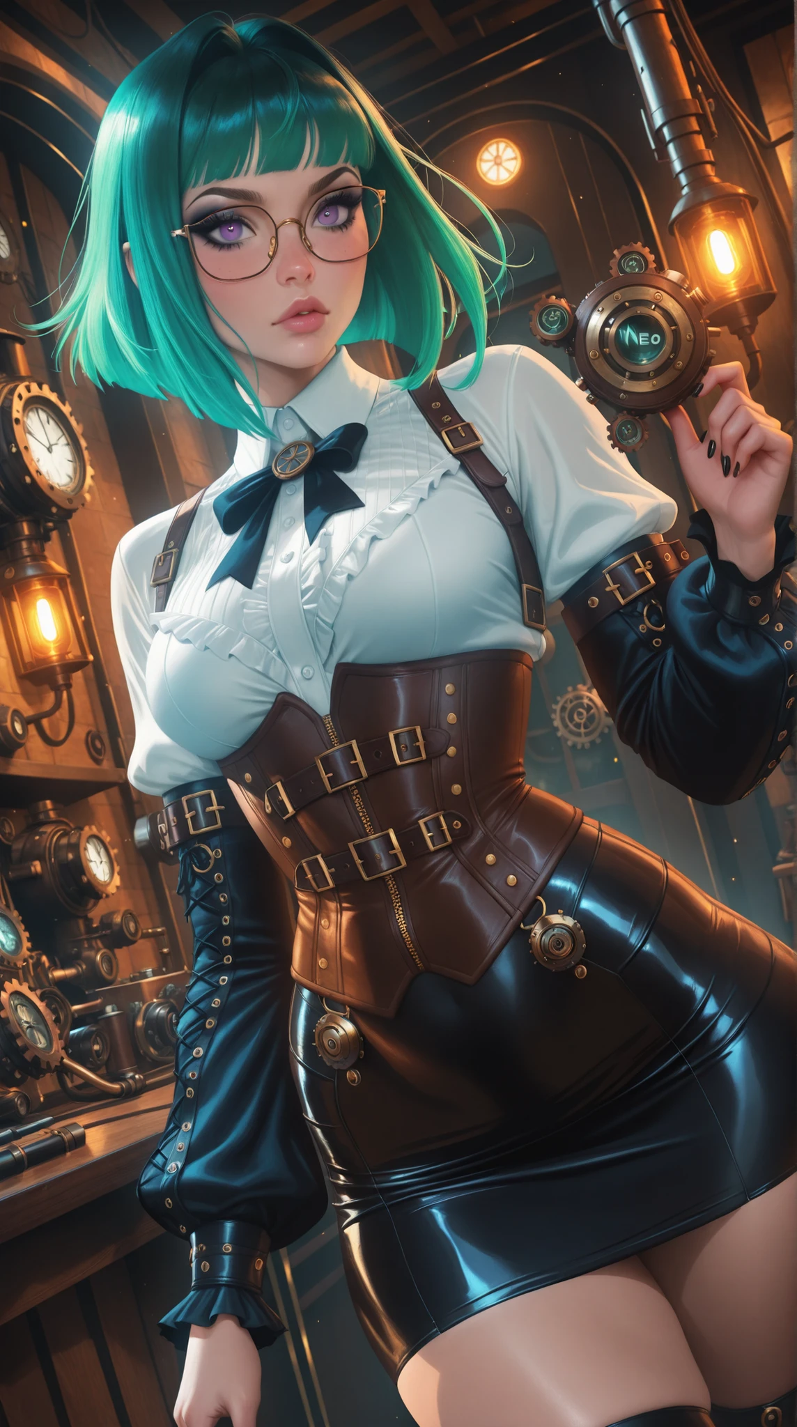 (TangoBat:0.7),(Sakimichan:0.7), Anime style illustration, female with glasses, steampunk style, short green hair, pretty detailed purple eyes, corset, tight skirt, neo-goth elements mixed with steampunk style, science-core, kawaii-core, makeup, intricate details, upper dynamic angle , masterpiece, best quality,absurdres