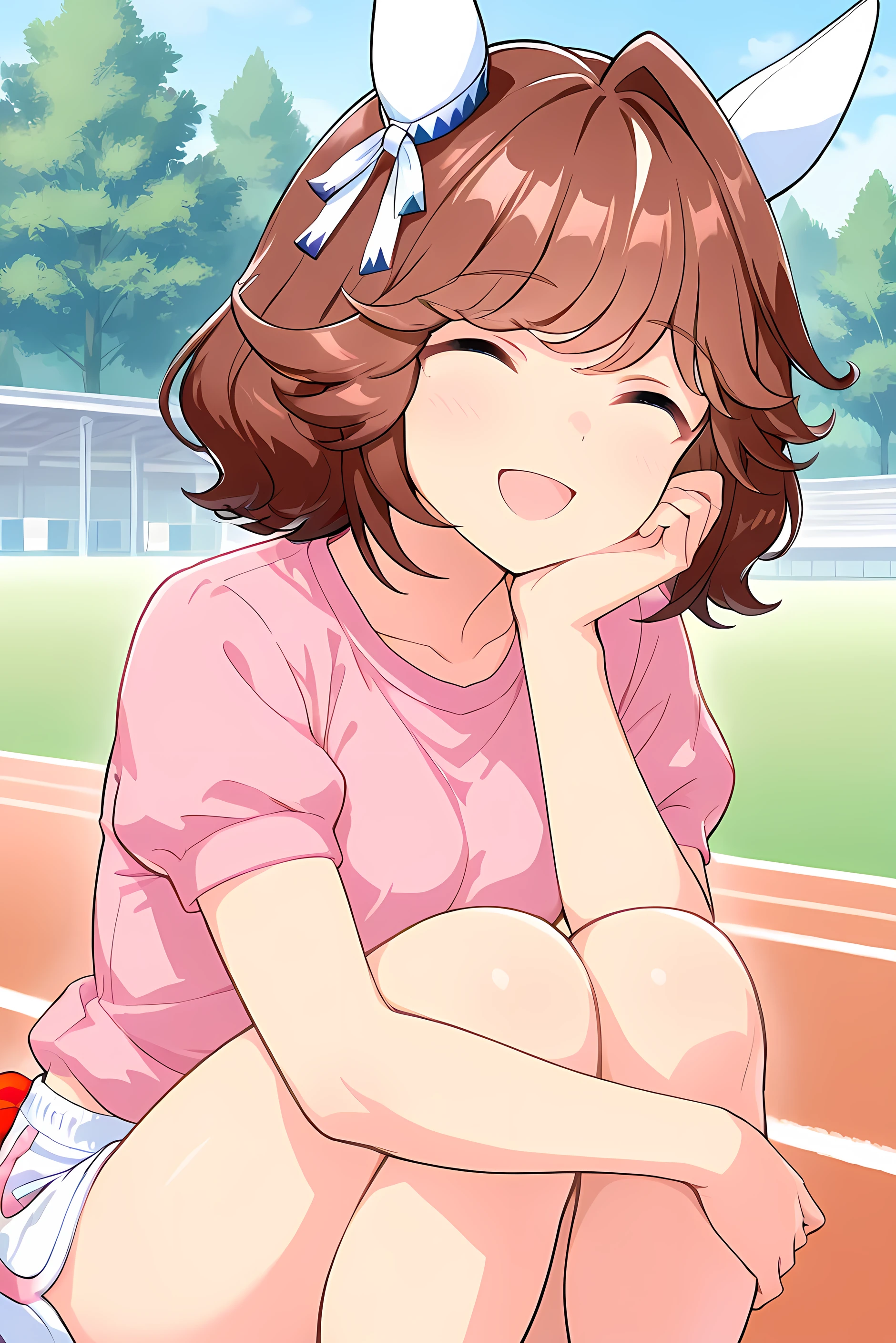 nsfw,haiseiko \(umamusume\),masterpiece,best quality,(((gym sitting))),(((Sit with your legs open))),((( standing on both knees))),((close-up image from the front)),((white micro mini dolphin shorts)),((yellow panties)),((Pink short sleeve shirt)),(cheek stick),(laughing),(close your eyes), on the lawn ,morning,((Upgraded image of the character from the front)),((smooth thighs)),1 girl, solo, anime style,cute girl,best quality, super detailed, anime style,8k, high definition, detailed images