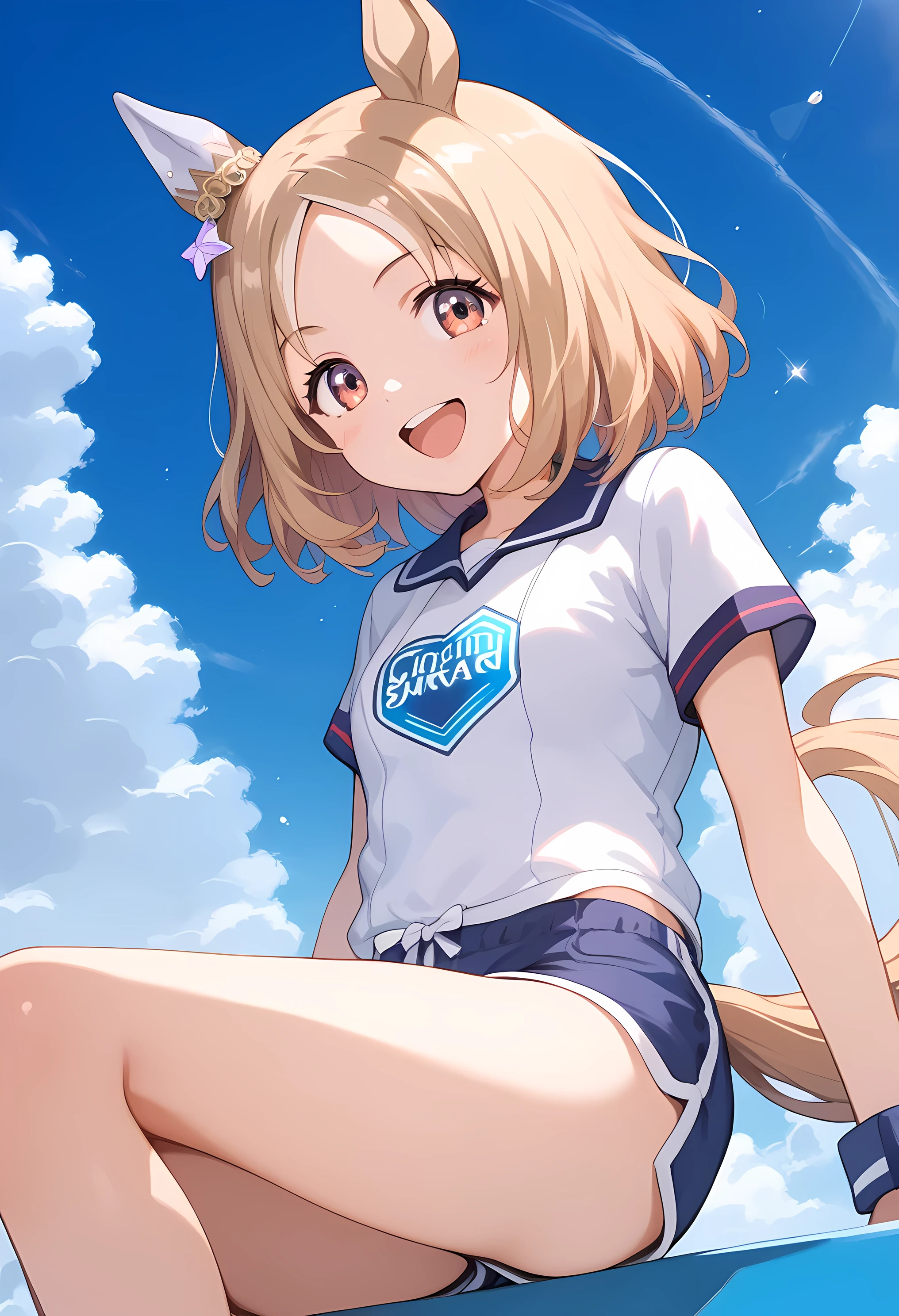 narita, horse tail, short hair, animal ears, ear ornament, ear covers, single ear cover, 1 girl, solo, anime style,cute girl,best quality, super detailed, anime style,8k, high definition, detailed images,(((gym sitting))),(((Sit with your legs open))),((Pink panties)),(((Blue micro mini dolphin shorts with a fuzzy hem))),(((Close-up image of the character from the front))),(((character close-up image from the front))),((I'm looking at this)),(laughing shyly),Dyed slightly red on the cheeks,best image quality,top quality,precise face,(blue sky),((smooth thighs))