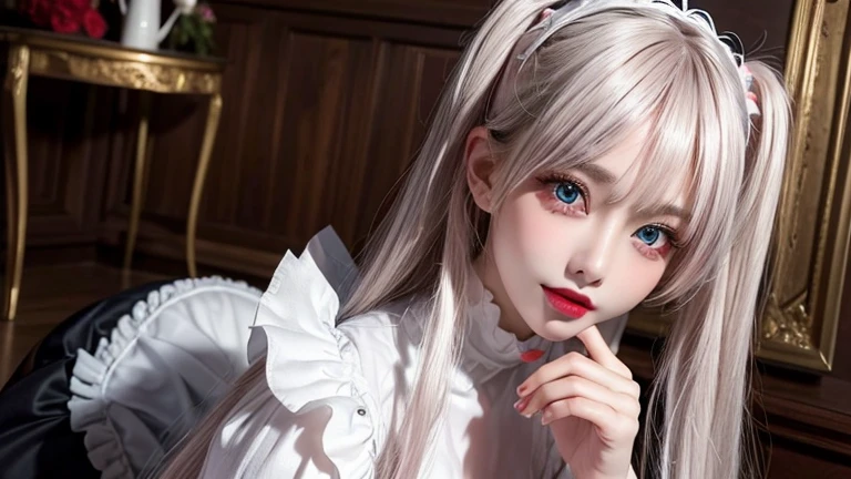 selfie, 1 girl, lace crothes, detailed beautiful skin, (kind smile:1.0), ( long platinum blonde hair:1.2), finely detailed, ribbon, (detailed mant), detailed beautiful white shiny skin,pink silk stockings,Well-dressed,Wearing a short skirt,Full-body photo,Positive perspective,(white shirt:1.2), (masterpiece), (photorealistic: 1.3), (lies on the table: 1.8) , Super detail, (Fine skin detail: 1.2), (Best: 1.0), (Super fine: 1.0),
