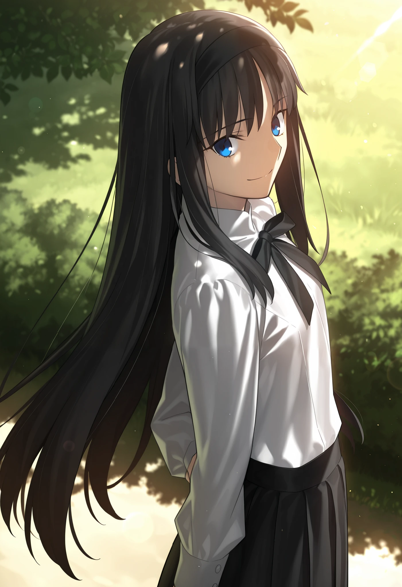 masterpiece, , absurdres, highres, detailed background, high resolution, masterpiece, necessary, detail, best quality, quality, necessary, details, High details, Precise, dark, outdoors, dappled sunlight, day, lens flare, blurry background, from above, upper body, from back,
1girl, , Takeuchi Takashi (type-moon,tsukihime) style, takeuchi takashi style,
tall girl, mature, Akiha_Tohno, (tsukihime), black hair, bangs, long hair, blue eyes, upturned eyes, black headband, straight hair, tsurime, ,(arms behind back), smile,
(white shirt, black long skirt), nipple, black ribbon, small breast, flat chest, , looking at viewer, ,