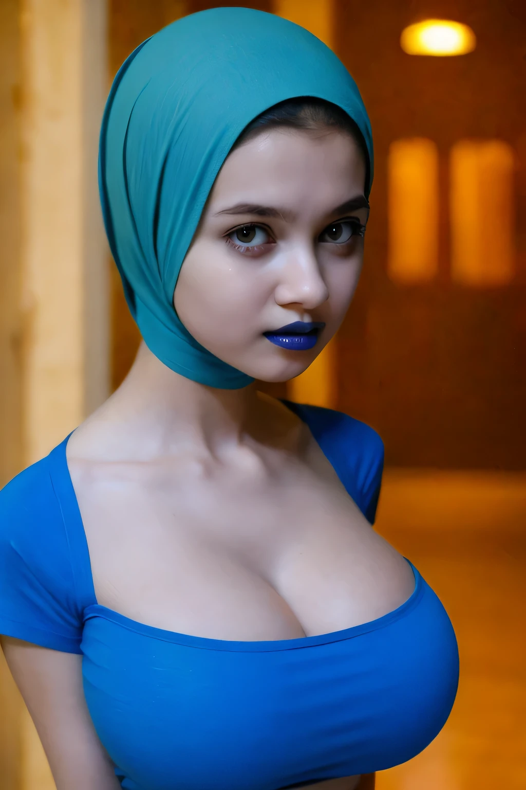 UHD quality, Skinny, green (fluorescence) Strapless Jumbo (Fatty), adorable, (1 girl), (face to face), , baby face, sad, half body portrait, (face details: 1), (eye details: 1), ((big breasts Solid:1.54)). wearing translucent (transparent) transparency (soft short t-shirt cropped) , hijab, .. Cute posed. proportional body. Ultra High Res. realistic: 1.4, UHD, view from side seductive pose, (viddinillah:1.3), (Dark Blue Lipstick:1.2), (very details crying sad face expressions:1.0) LITTLE SMALL GIRLS, LITTLE SMALL GIRLS, LITTLE SMALL GIRLS, (black tone skin:1.1)