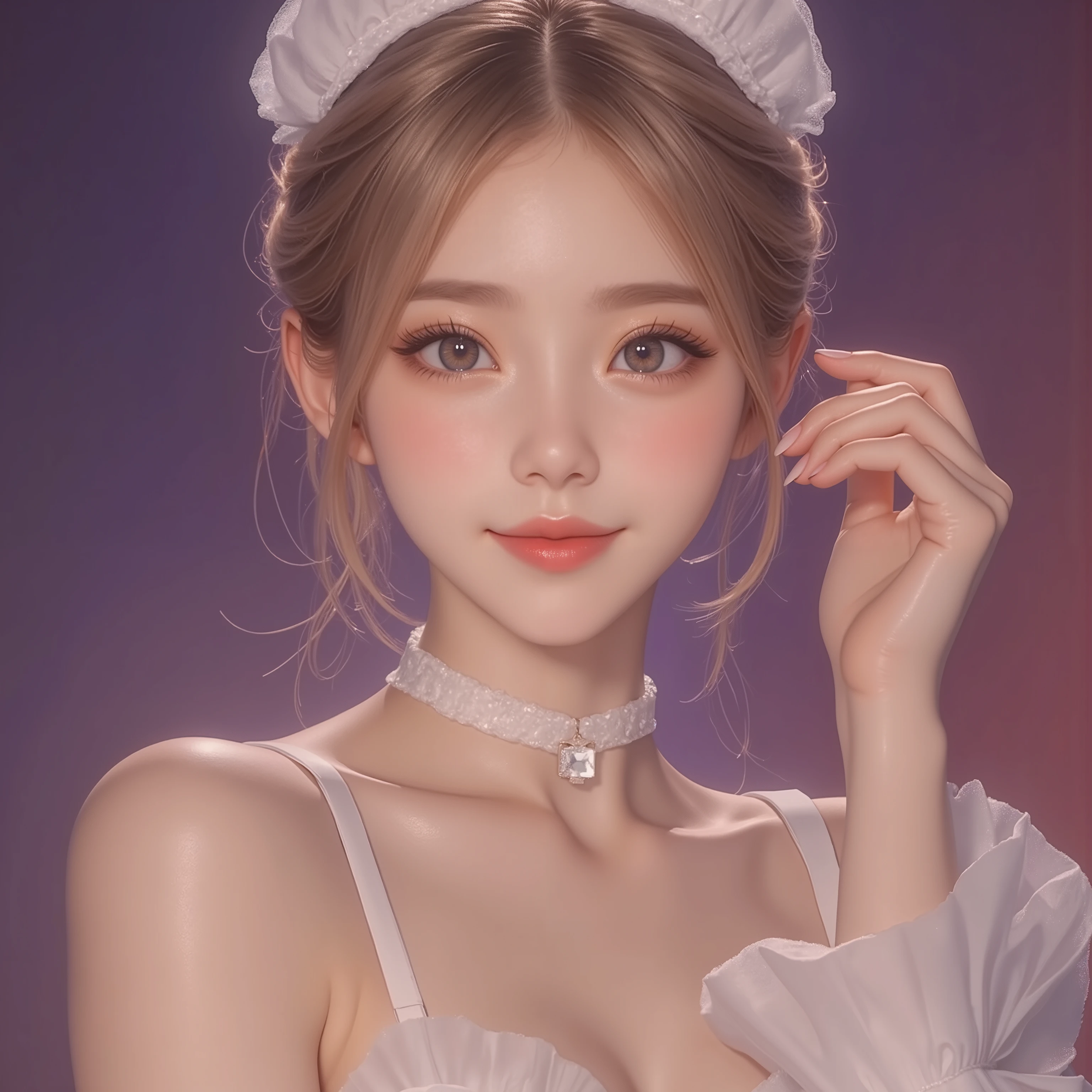 ((portrait))(( masterpiece, Top Quality, high resolution, highly detailed CG unified 8,000 wallpaper, 未经处理的photo)),front,( 8,000 Ultra HD、DSLR、Soft Light、high quality、Volumetric Lighting、frank、photo、high resolution、4K、 8,000、Bokeh),(detailed eye and facial details, warm color , Very Saturated,to show a charming smile, perfect face, pretty face, dark eyes , Clear Skin Visible , white zepi ,cosmetic, necklace, Jewelry,veil,Hair accessories),(Create stunning images of real girls, Warm light, dynamic pose, Elegant posture , cowboy lens, 从front看起来很自信 ,facing camera, golden ratio graphic, Minimalist, ), (Learning background), Russian schoolgirls,light blond hair、Gradient Hairstyle,(sexy, Perfect breast shape 、 very detailed breasts , 34E Cup ),(High waist, waist hollow ,Levan )((One hand holds the cheek))((Place your right hand on your cheek))(pink purple background)