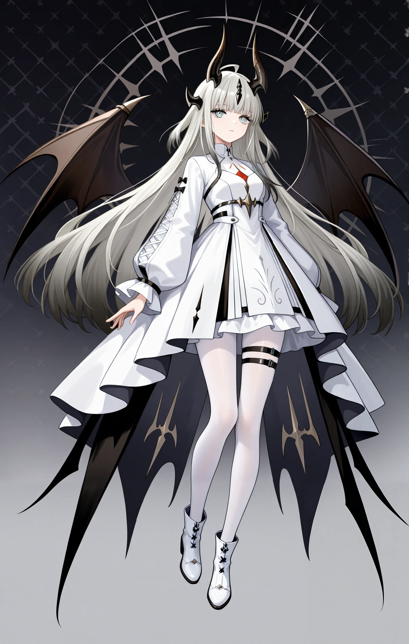 1girl,reed_arknight, gray hair, wolf cut, eyelashes, standing, white dress,spiky, gray pupils,bat wings, dress, full body, pantyhose, long hair, straight hair, gradient hair, thigh straps, dark background, white pantyhose, white sleeper, white footwear, abstract background, pattern background,