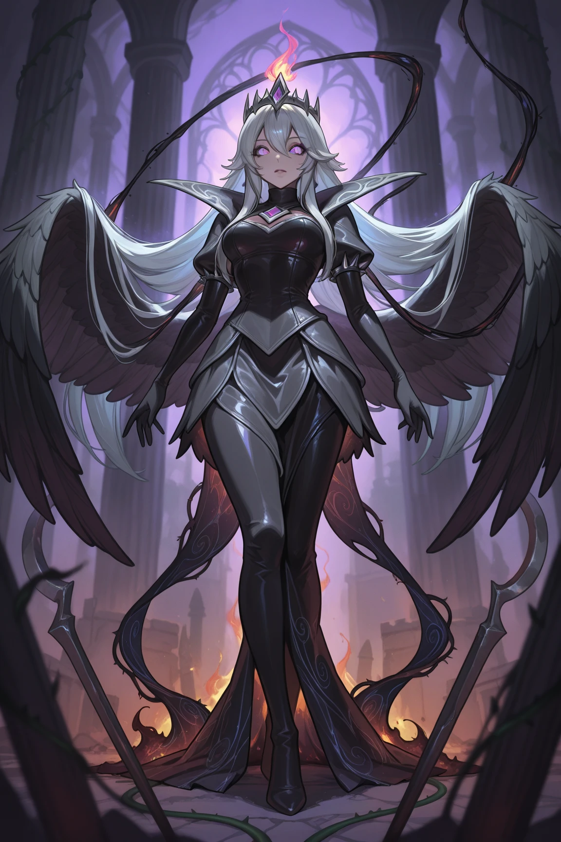 an angel with dark skin, white wings, black dress with a small neckline, red eyes, black cape, long straight white hair, baby bangs. dramatic pose, moody color palette, volumetric light effects