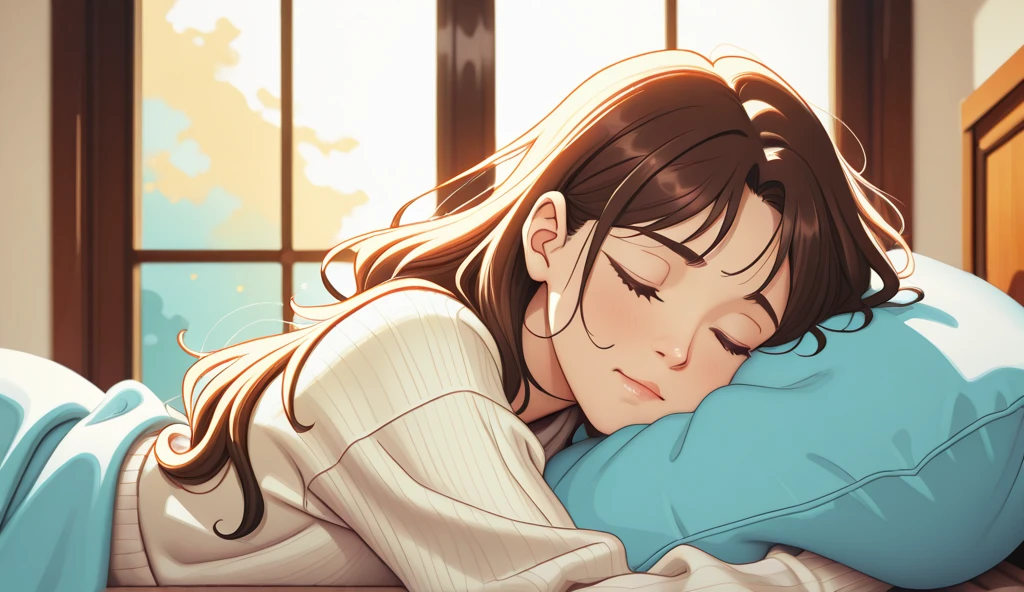 Girl wearing headphones,ベッドでrelaxして寝ている,Brown Hair,One girl,Eyes closed,relax,「Gentle morning light」,Lying down,