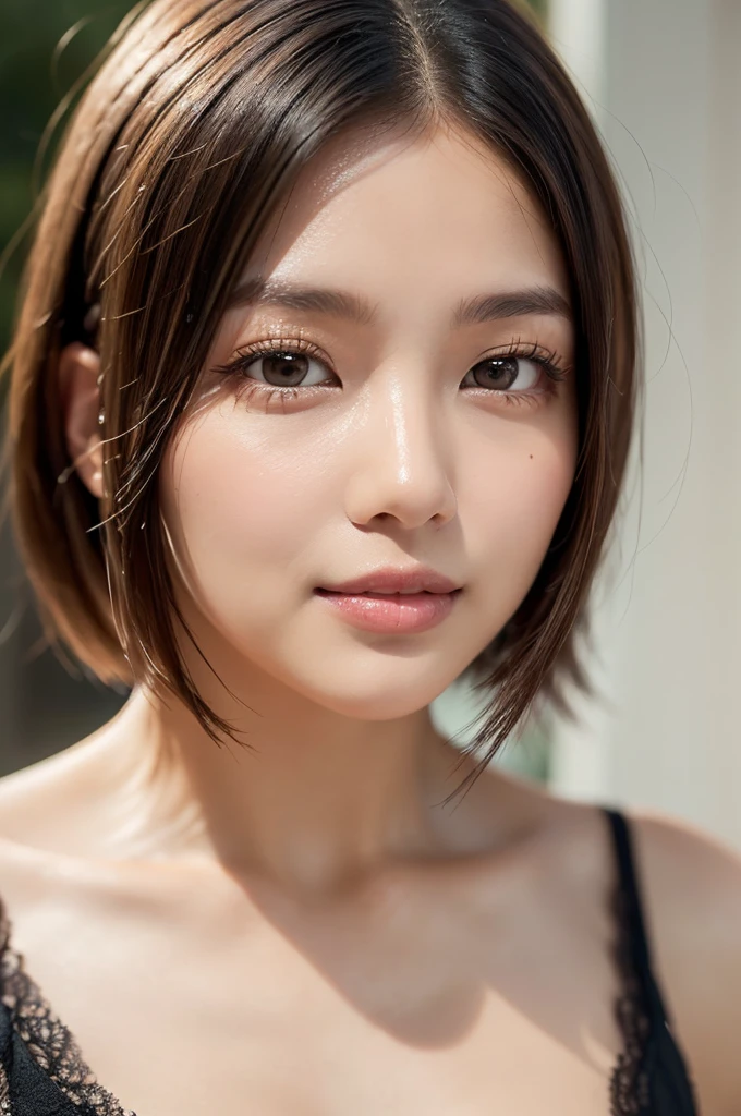 (Photo Real:1.4), (hyper realisitic:1.4), (Smooth lighting:1.05), 1 girl, ager, happy, shy, smile, looking away, Close-up of the face, Soft lighting, Back lighting, (Finest Real Textured Skins), Super fine face, glowy skin, retinas, Anatomically correct, (short Hair:1.1), bangs, Textured skin, High quality, high details, Best Quality, High resolution,