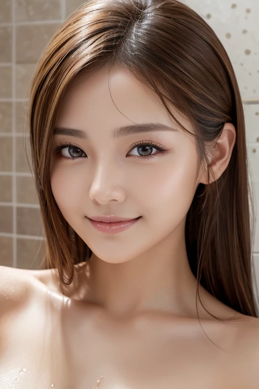 NSFW, ((1 girl))、Super detailed、masterpiece、highest quality、high resolution、In 8K、High level image quality、real live action、Transparency that looks great in photos、detailed eye、Gradation、perfect anatomical body proportions ,hard disk、 Nikon Z9 80mm Renaste Piece、cinematic lighting, Physically based rendering, award-winning, highly detailed skin, highly detailed face, Beautiful eyes in every detail、(((Naked))),,  female, (Beautiful bright and transparent brown hair), show her pussy,Fluffy curly hair、((pony tails)), hide your hands behind your back:1.4, look at the camera、sparkling eyes、Lips shining with lip gloss、Natural light、(Photographed in the bedrom), sexy pose、blurred background,Very happy smile,full body shot.