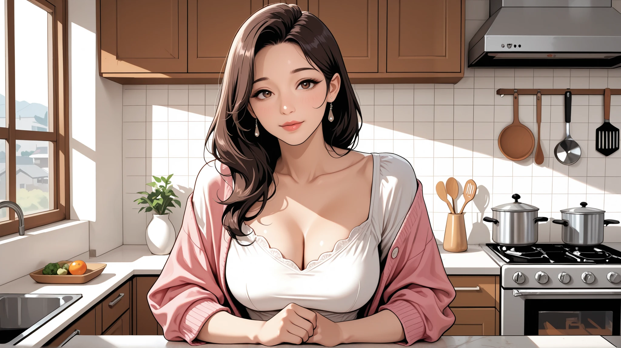 high quality, Perfect Dynamic Figures, afternoon, Kitchen, ((loose hair)), Korean mature woman wearing a pink cardigan, white blouse, Bust shot