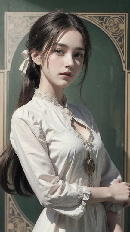 13 year old girl, ruffled blouse, cleavage breasts, pleated skirt, thighs and skirt, very long hair, wavy hair, exposed thighs, classroom, school, bottom view, leaning forward, very high resolution, 8k, HDR, (realistic:1.3), finely detailed, quality, rembrandt lighting, (photorealistic:1.2), (best quality), (detailed skin:1.3), (intricate details), dramatic, ray tracing,