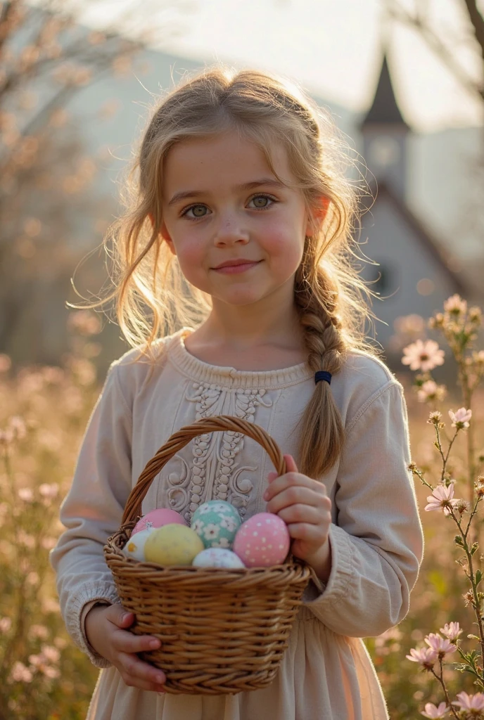 Imagine a charming and colorful Easter scene, a beautiful family with their children holding a basket full of decorated eggs. Ao redor, there are flowers in soft and bright tones, criando um ambiente alegre e festivo. The sky is painted in pastel colors, com nuvens fofas e um sol radiante, iluminando toda a cena. The predominant colors are green, o rosa e o amarelo, conveying the joy and renewal of the Easter season