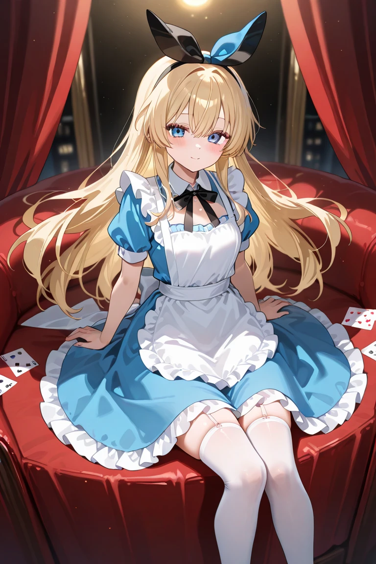 1girl, solo, long hair, blue eyes, blonde hair, crown, sitting, pantyhose, dress, bow, card, apron, hairband, playing card, looking at viewer, short sleeves, hair bow, blue hairband, smile, blush, hand on own face, blue dress, alice (alice in wonderland), hair between eyes, chair, black pantyhose, blue bow, throne, puffy sleeves, hand on own cheek, bangs, puffy short sleeves, ribbon, very long hair, mini crown, feet out of frame, frills, white apron, :q, masterpiece, best quality, (((lift skirt, white panty, camel toe))),