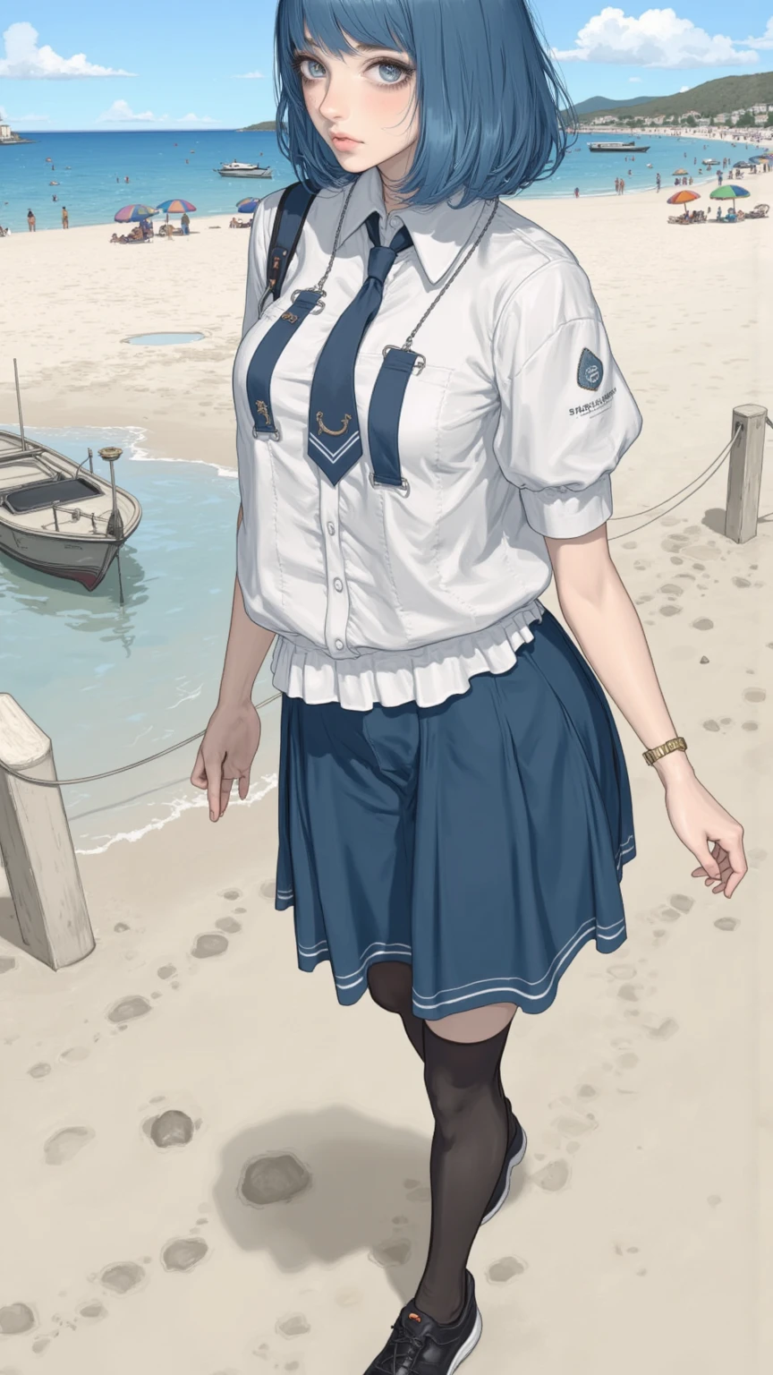 (giantess), huge breast, Pleasure, Long legs, Sweat,intrepid_kantaicollection,A woman seen from the side,Underarm,ponytail,Dressed Woman,Military repair dock,warship,ponytail, black shirt, grey neckerchief, white skirt