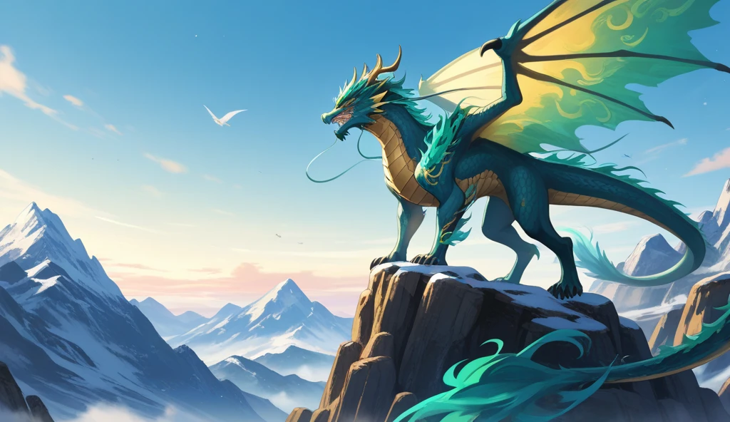 There is a dragon flying over a mountain with a sky background, ''Phoenix Wallpaper resting, Fenglong, Chinese dragon concept art, jellyfish Fenglong, Dragon flying in the background, ''Phoenix Wallpaper, A beautiful artistic illustration, Chinese Fantasy, G Liulian art style, dragon flying in the sky, Set against the backdrop of a dragon, dragon flying in the sky