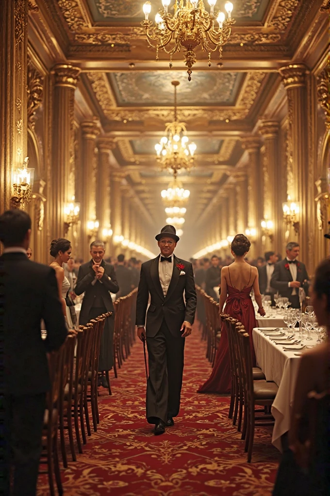 (A steam-powered butler in a dapper English gentleman's attire, with many pistons and cogs, steam vents, and complex optical lenses, obviously mechanical) tending guests at a formal dance in a grand ballroom, steampunk, highly detailed, 8k, photorealistic, dramatic lighting, warm color palette, intricate mechanical design, ornate decorations, elegant guests, ball gown dresses, tuxedos, chandelier, parquet flooring, classical music, steam-powered machinery, brass accents, gears, clockwork, industrial elements