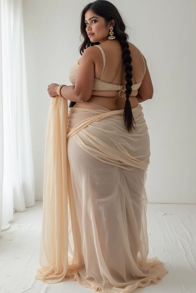 Chubby girl wearing Lehenga, view from back, back view, camera angle from back, soft body, white skin tone, medium shot, realistic, detailed, high resolution, big ass