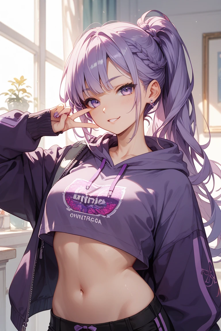 One beautiful young woman, light purple hair, long slightly waved and combed to one side, purple eyes, sharp eyes, eyeliner, pretty smile, pale skin, extremely beautiful, kind, sweet, White, black jacket, black cargo pants, anime realism style, portrait, vibrant lighting, color palette: light purple and black, (best quality, 4k, 8k, highres, masterpiece:1.2), ultra-detailed, realistic:1.37