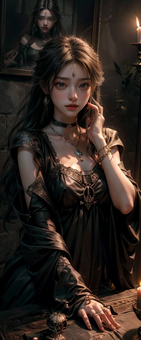 Create an image of a woman in the cemetery and tombs appear.
It has the following characteristics:
Western woman, square face with well-marked jaw and cheekbone, with defined features and intense gaze.
Light brown skin, long, black and wavy hair, with a slight shine, loose or partially tied up with ornaments.
Penetrating brown eyes, with an expression of mystery.
Full, red lips, conveying sensuality and confidence. Wear a long, voluminous period dress, black, with red and gold details.
Bodices and necklines that highlight femininity, but with a touch of class. In her hand a dagger. Accessories such as gold necklaces, large earrings, bracelets and rings with precious stones. The setting is a cemetery and has the presence of mystical elements such as lit candles and skulls on the floor, and red roses scattered across the floor.
An altar in the background, bottles of wine or liquor, and items such as skulls.
Night atmosphere with soft full moon light, creating an aura of mystery and spirituality.Soft smoke all around,
Soft glow surrounds this woman, highlighting her spiritual and powerful presence.
witchcraft scenario and mysticism.
it is a divinity.