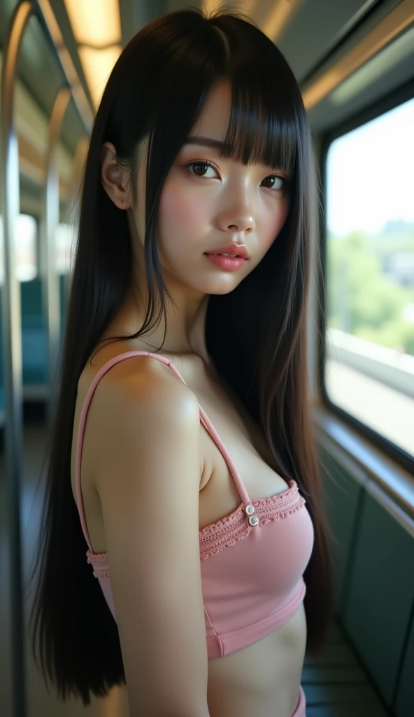 solo, short ponytails,beautiful girl,15 years old,,highschool student,akb48,nogizaka46,pink nipple,small breasts,skinny,2girl,((multiple girls)), from below, black hair, light smile, daypack, bangs, , pov, , standing, black eyes, mole, masterpiece, best quality, ultra quality, high quality, realistic, photo realistic, RAW photo, hyper detailed, intricate detailed, train station, train,upperbody,(bottomless:1.8),(white panties:1.0),(fullnude:1.5),pussy,