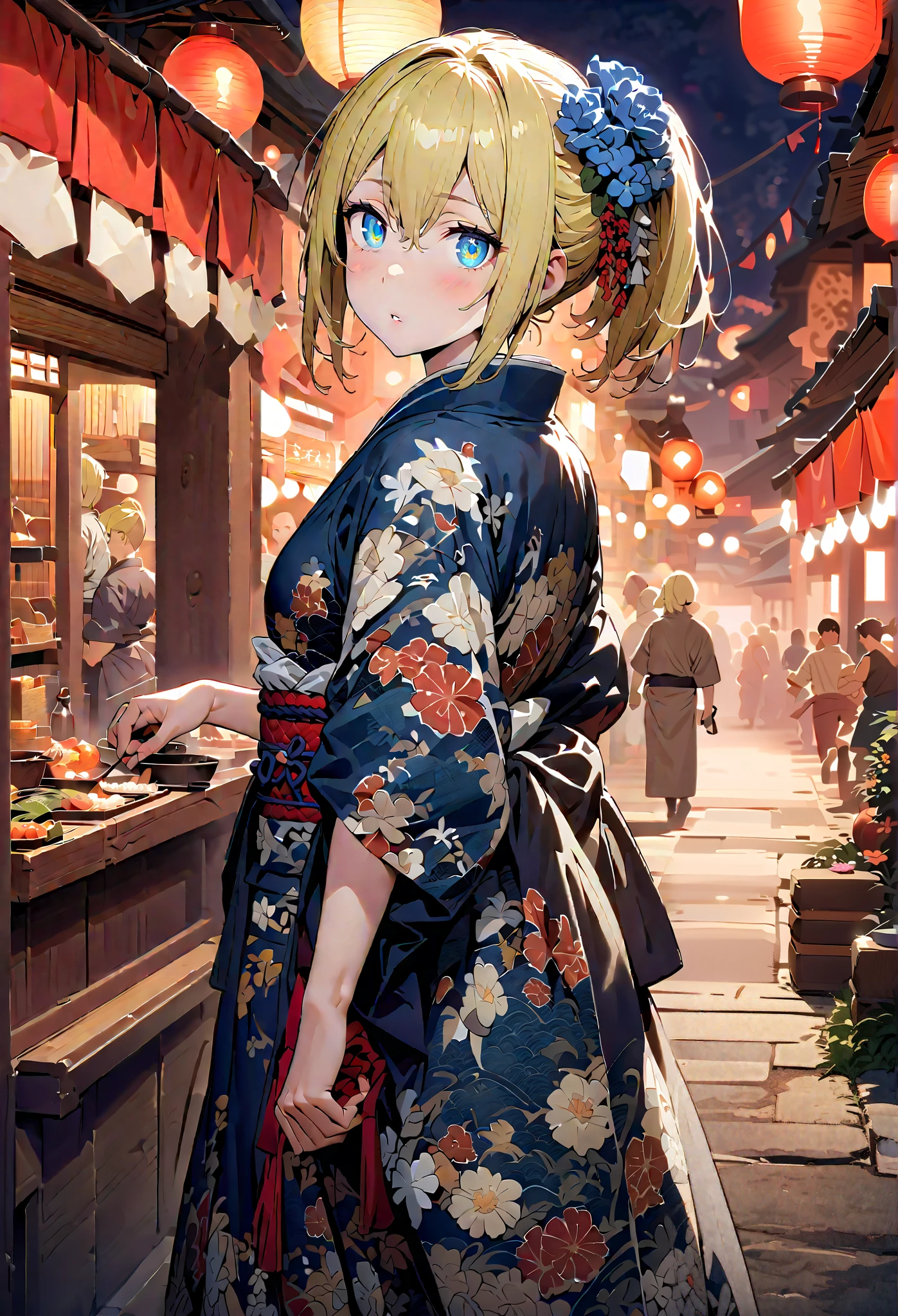 Eyes Wallenstein, Eyes Wallenstein,blond hair between eyes, headband, , and the eyes are, ponytail,flower hair ornament,Blue flower pattern kimono,standing,Light up fireworks,Red Lantern,Japanese stalls ,full bodyがillustrationsに入るように,break outdoors,Japanese festival,
break looking at viewer,full body,
break (masterpiece:1.2), best quality, high definition, Unity 8k 壁紙, (illustrations:0.8), (beautiful detailed eyes:1.6), Highly Detailed Face,  so that it fits into the illustration, extremely detailed CG, (Perfect Hand, PERFECT ANATOMY),