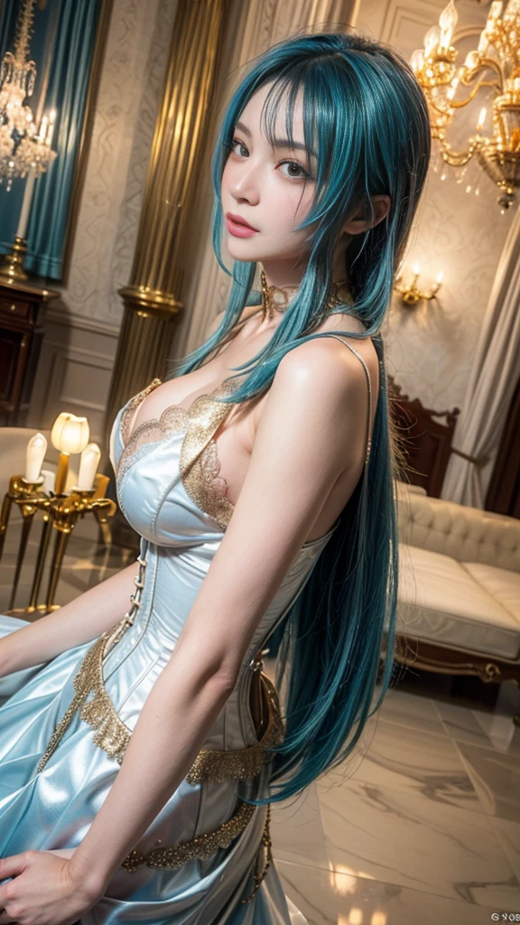 girl, long blue hair, sparkling eyes, big breasts, image 9:16,