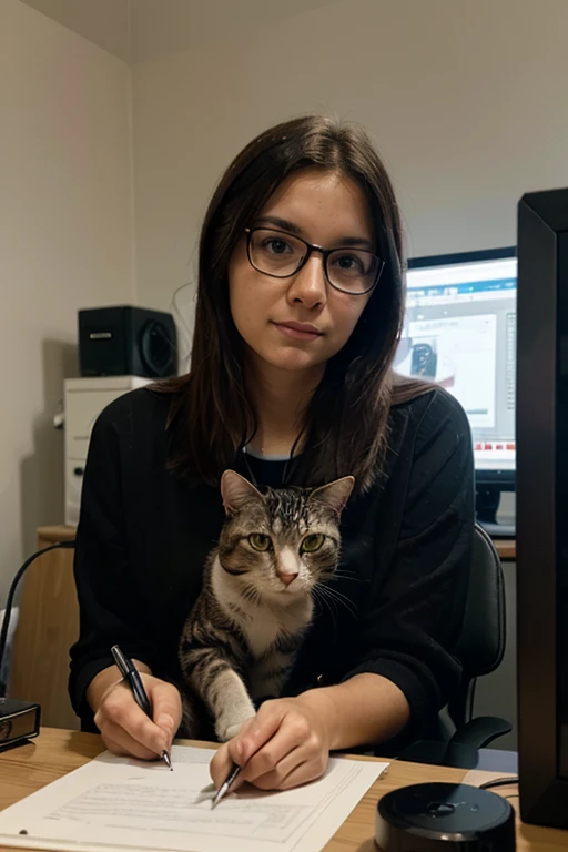 A realistic image of a 25 year old lady., She wears a light blue blouse . His face is with glasses. . He cautiously goes out to the garden of the house and finds a small cat in the bushes and touches it cautiously.. ,without looking at the camera,