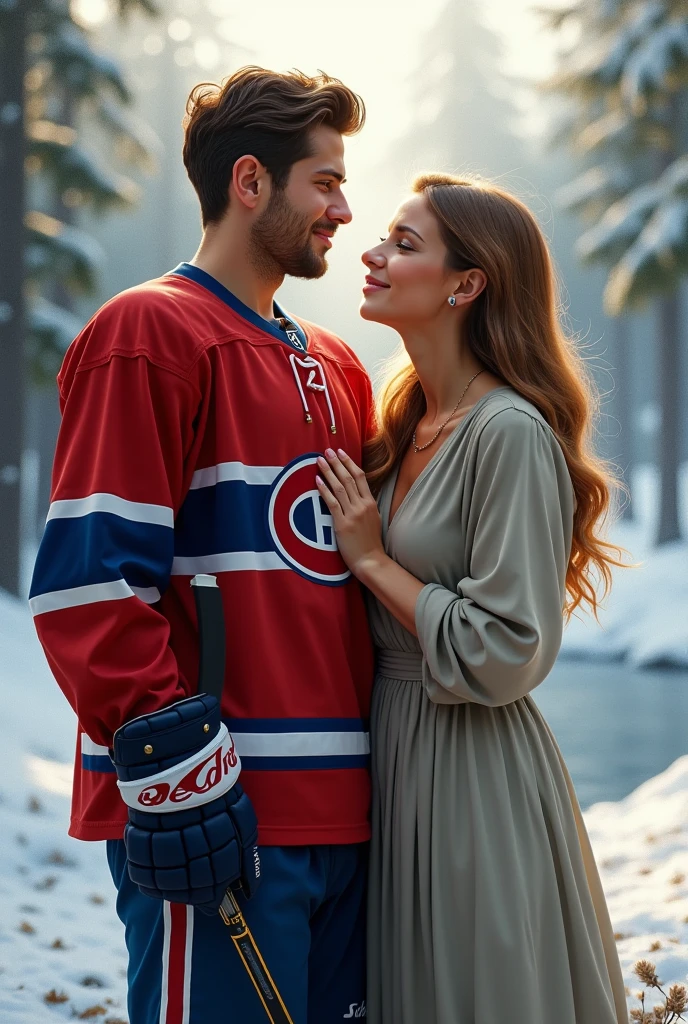 man and woman in festive clothes, against the backdrop of a European city