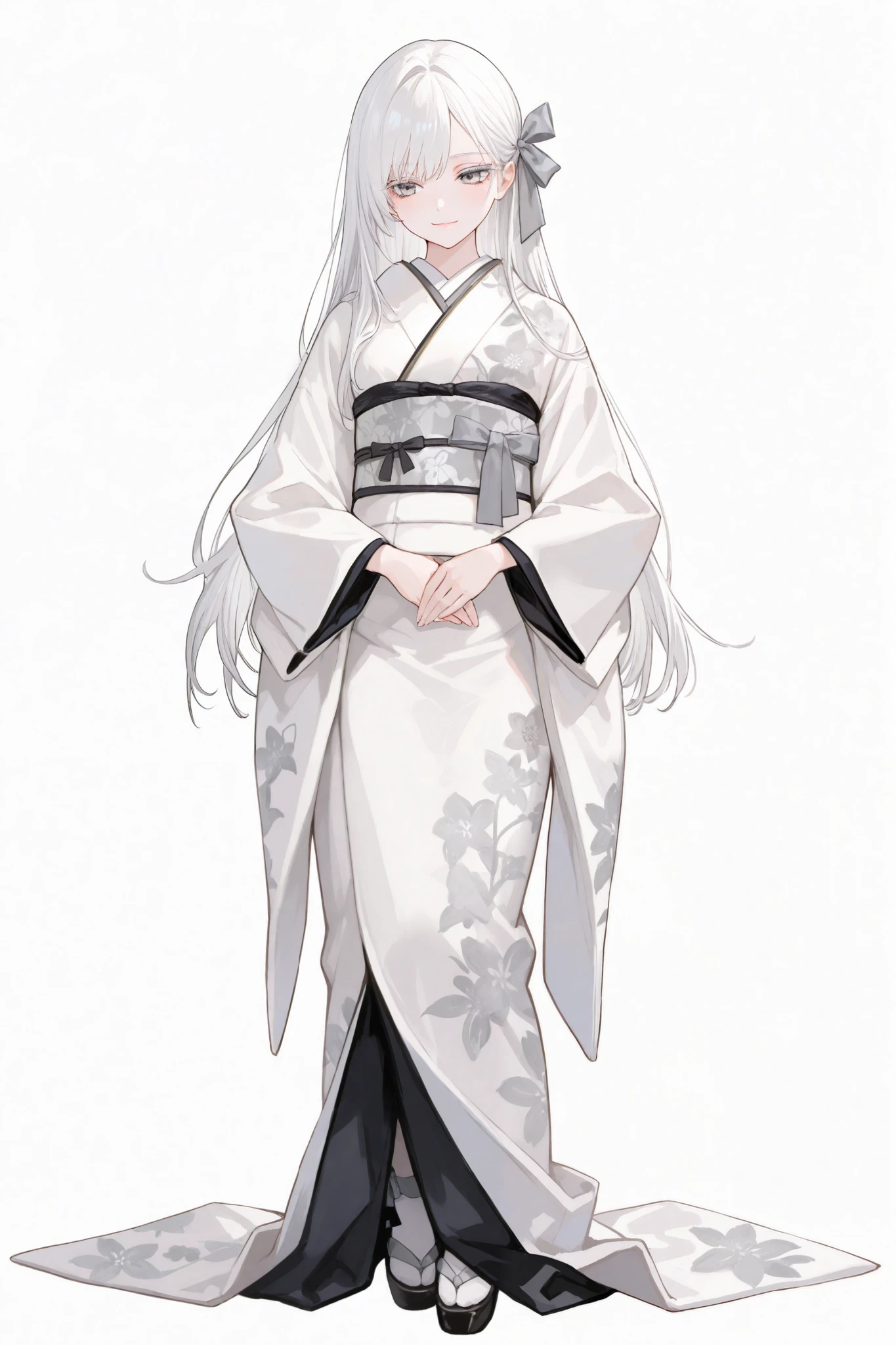 masterpiece, best quality, female, delightful, light smile, white eyelashes, long hair, white hair, silver eyes, gray ribbon, kimono, full body shot, white background, solid white background, --ar 1:2