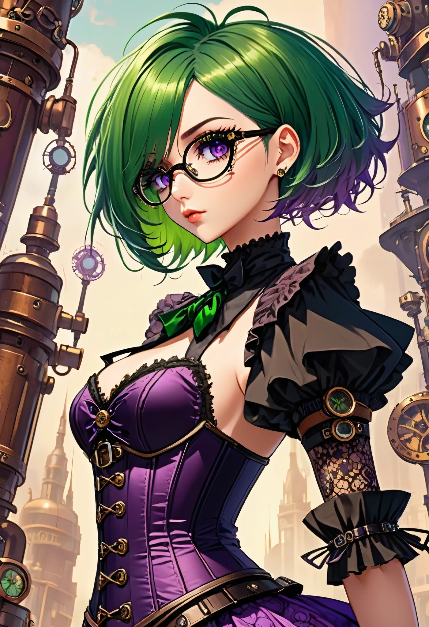 Anime style illustration, female with glasses, steampunk style, short green hair, pretty detailed purple eyes, corset, tight skirt, neo-goth elements mixed with steampunk style, science-core, kawaii-core, makeup, intricate details, upper dynamic angle, masterful technique