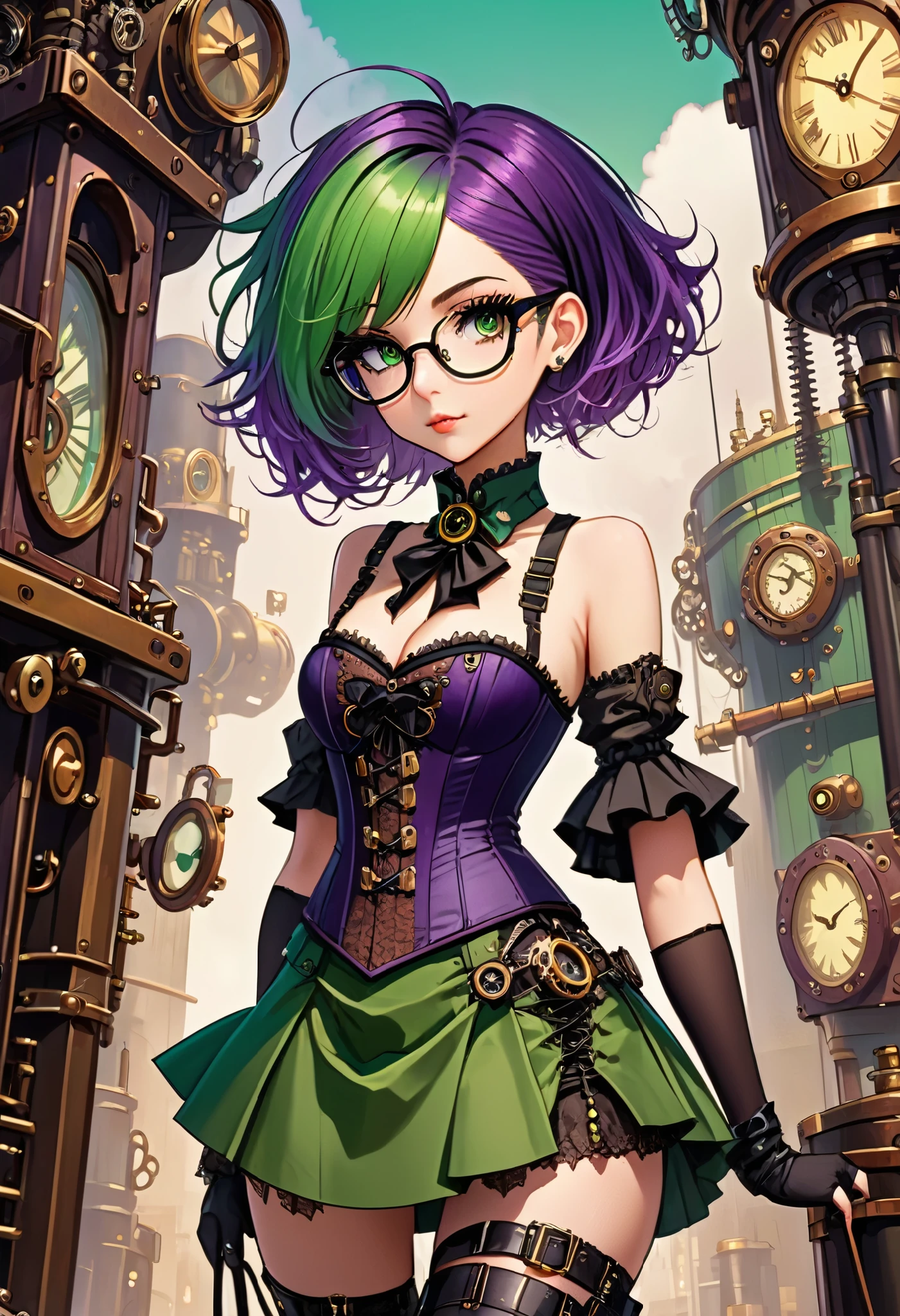 Anime style illustration, female with glasses, steampunk style, short green hair, pretty detailed purple eyes, corset, tight skirt, neo-goth elements mixed with steampunk style, science-core, kawaii-core, makeup, intricate details, upper dynamic angle, masterful technique