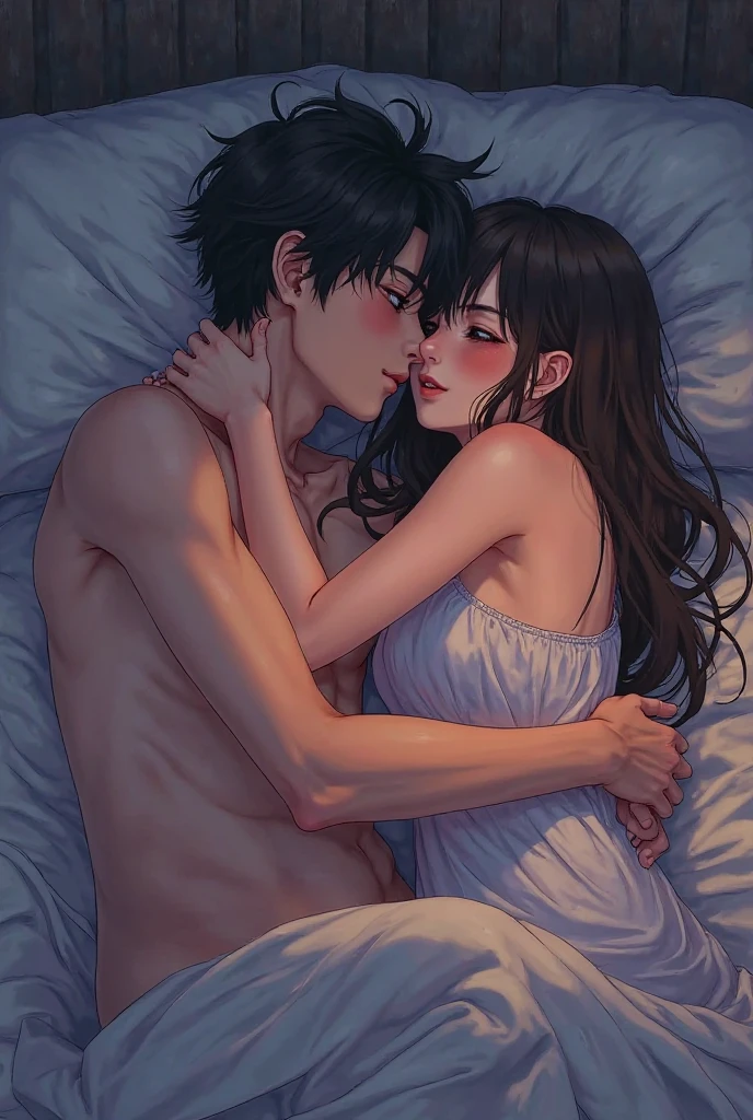 create for me a couple of man and woman sleeping hugging each other in a bed