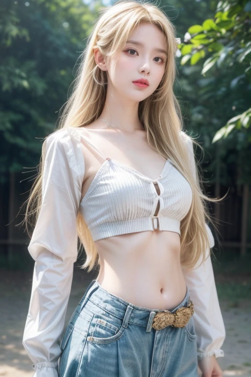 ((((top-quality))))、(((Ultra Precision CG16K Wallpapers)))、(((masterpiece)))、(((ultra-detailliert)))、(((Ultra-extreme details)))、1Man Woman、a matural female、a 25yo woman、((Korean Face))、((extremely beautiful face))、((a beauty girl:1.5))、((poneyTail:1.3))、(shinny hair)、Bangs up to the eyebrows、((Beautiful blonde:1.5))、Beautiful delicate eyes、Brown eyes、raised eyebrows、lofty nose、small nostrils、seductive lips、slightly open mouth、Beautiful breasts、C-cup size breasts、cleavage of the breast、Plump body、non-muscular body、perfectly proportions、perfect anatomia、perfect-composition、beautiful detailed shading、Beautiful natural lighting、Beautiful detail glow、depth of fields、(((a high chroma)))、(((realisitic:1.9)))、((Vivid:1.4))、((Beautiful skin))、((Skin texture))、((Realistic skin feeling))、(((Head-to-thigh shot:1.5)))、((Frontal angle:1.3))、((a smile:1.3))、(Eyes looking at me)、Bright sunshine、(((Walking in the park:1.3)))、(Blur the background)、(((Wearing white cotton shirt with belly button exposed、sleeveless、Wearing shorts:1.5)))、((2 arms))、